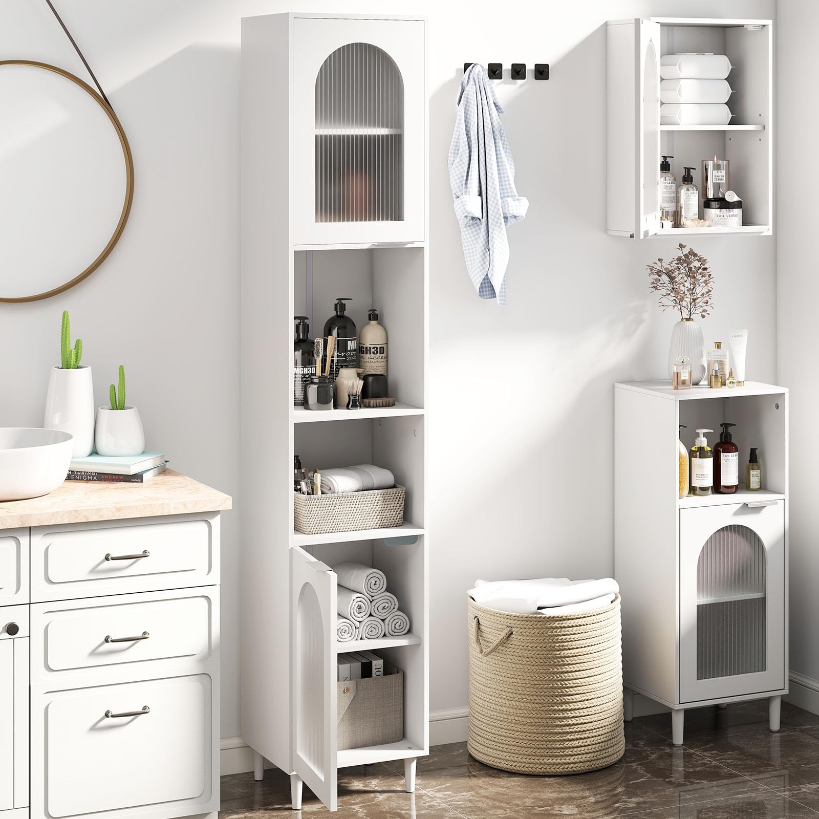 LIFEZEAL Mobile Bagno Salvaspazio Bianco, Colonna Bagno Alto, Stretto, 35x30x180cm, Credenza Cucina, Armadio Dispensa, Mobiletto, con 2 Ante in Vetro, Ripiani Regolabili, Scomparti, in Legno, Max 90kg