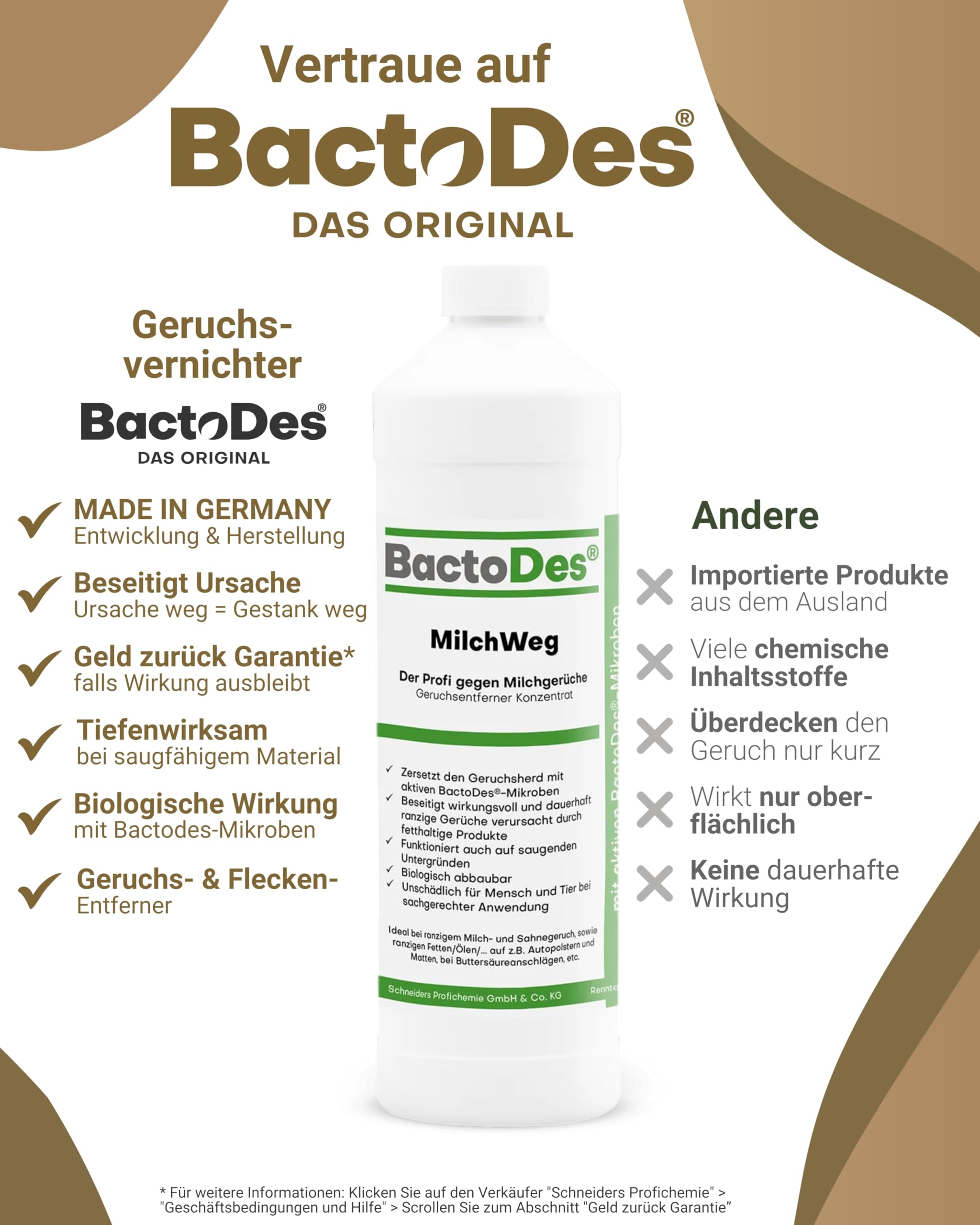 BactoDes - MilchWeg spezial Geruchsneutralisierer 2L Konzentrat mit Spray-Mischflasche - Enzymreiniger mit BIO Mikroben-Wirkung gegen Milchgeruch - Ranziger Fettgeruchsentferner für Sahne, Fett, Öl