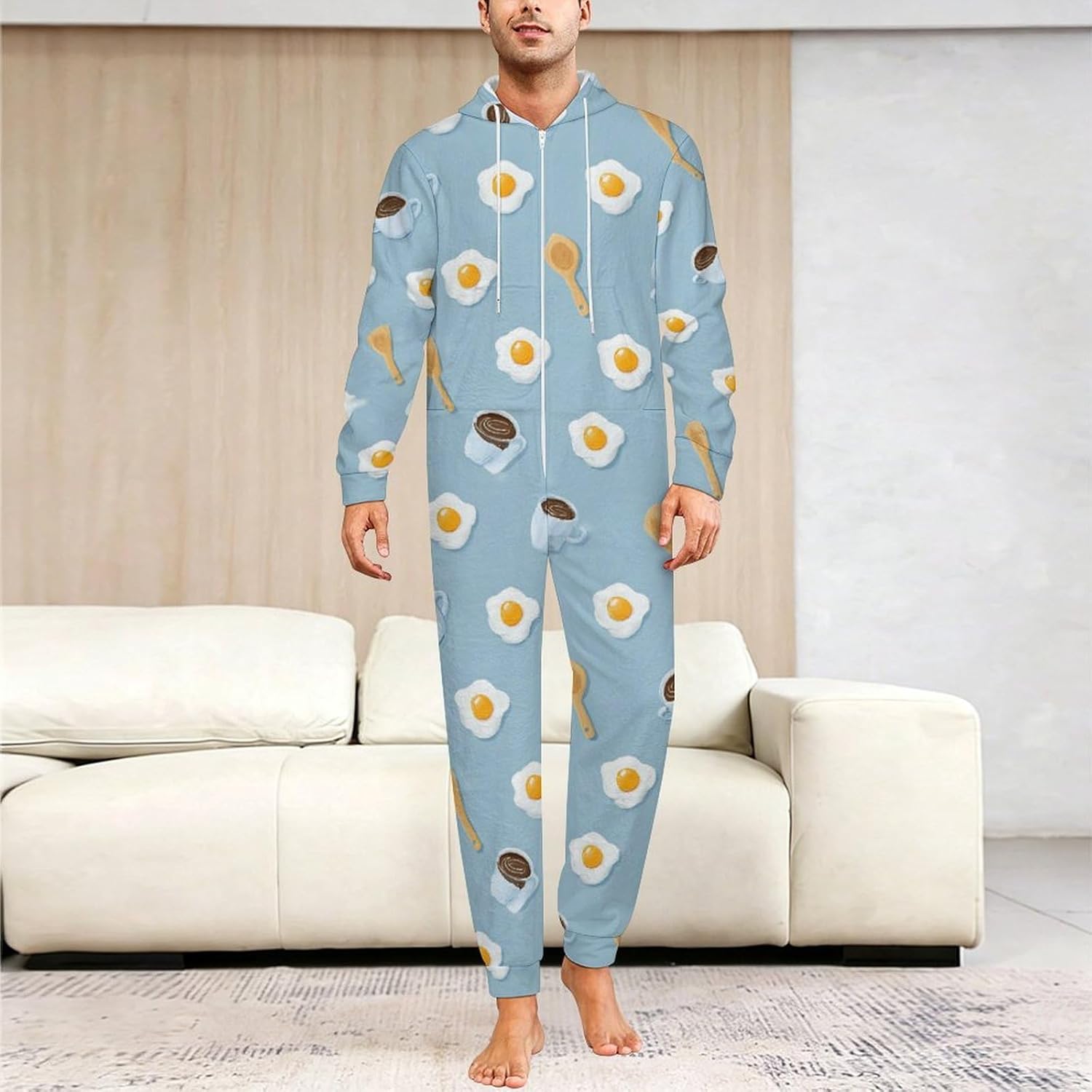 Adult Flannel Hoodie One Pieces Pjs Sets Egg Coffee One-Piece Pajama for Women & Men Soft Warm 4X-Large