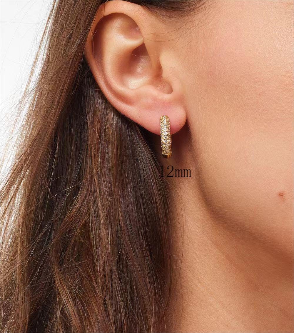 14K Gold Plated Sterling Silver Post Diamond Studded Huggie Earrings,Rose Gold Plated Small Cubic Zirconia Chunky Hoop Earrings for Women 8mm 10mm 12mm - Image 4