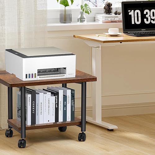 Miniatura 6 de Cakokow Soporte para impresora debajo del escritorio, mesa de impresora móvil industrial de 2 niveles con estante de almacenamiento, carrito de