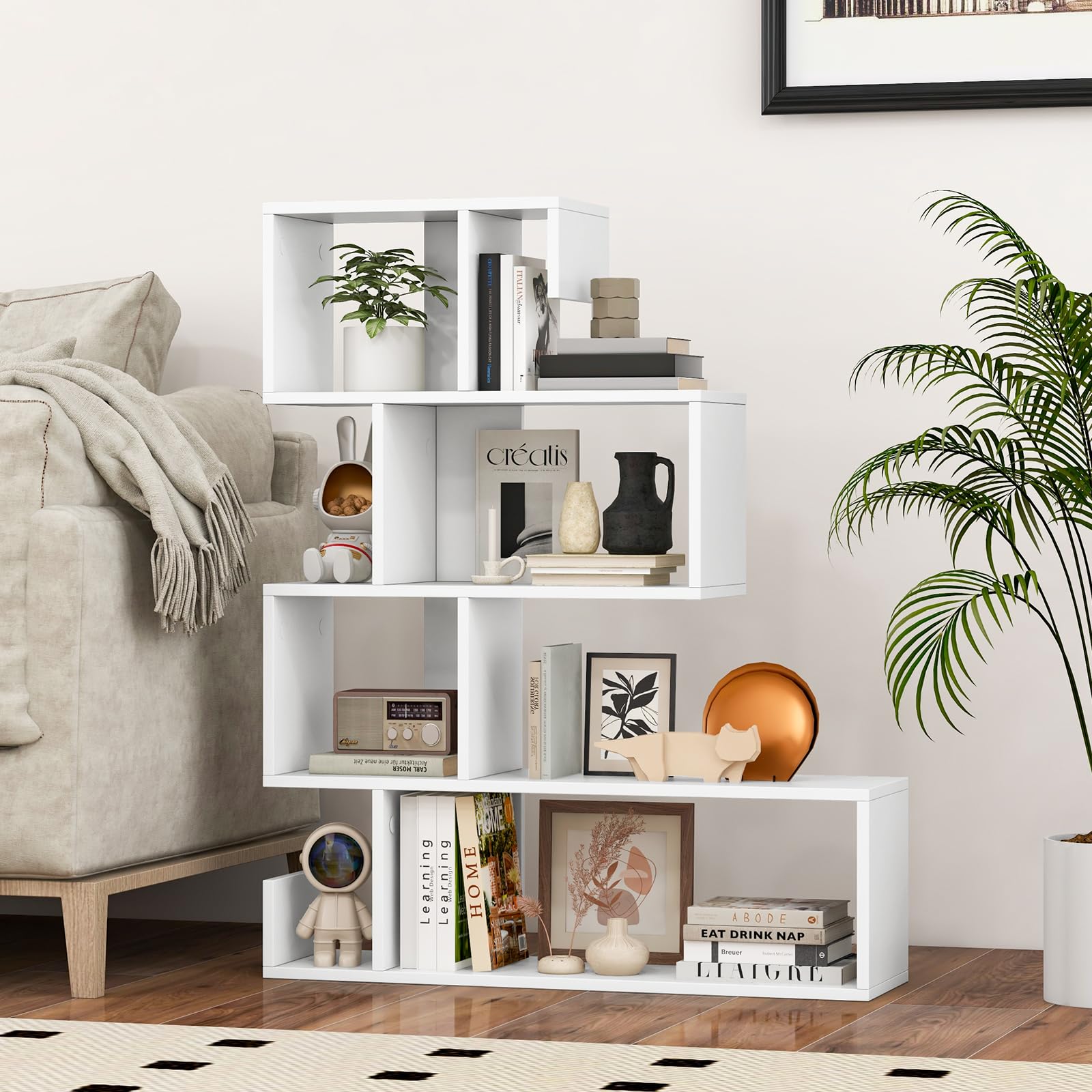 HOMASIS Libreria a Forma di Mossa con 5 Livelli, Scaffale Aperta a Forma di S in Legno, Libreria Divisoria con Protezione Anti-Ribaltamento per Soggiorno, Studio, 80 x 22 x 100 cm (Bianco)