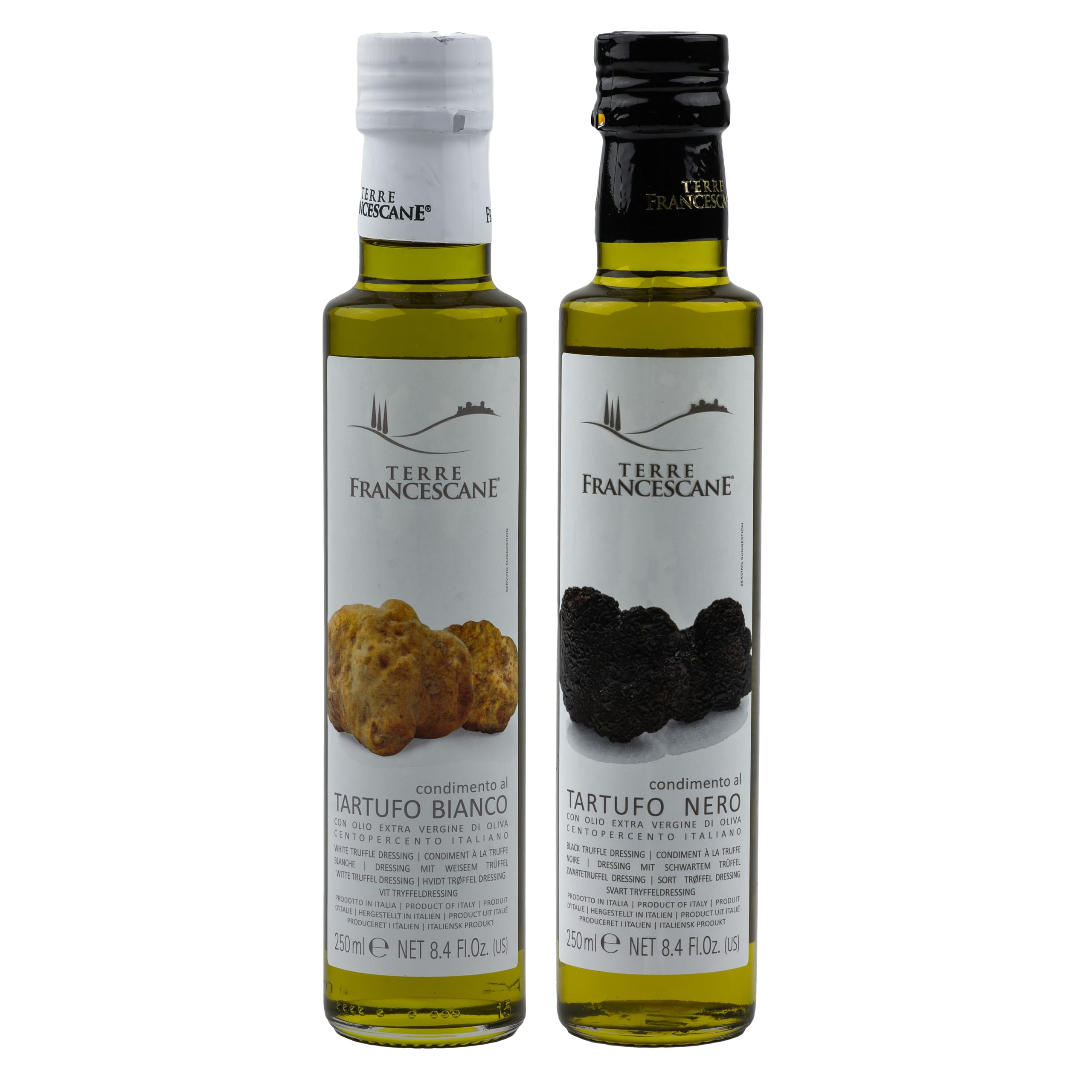 Food-United Juego de aceite de trufa 2 x 250 ml de TERRE FRANCESCANE Aceite de oliva virgen extra con aroma de trufa blanco y negro, aceite de trufa premium de Italia para gourmet de cocina gourmet