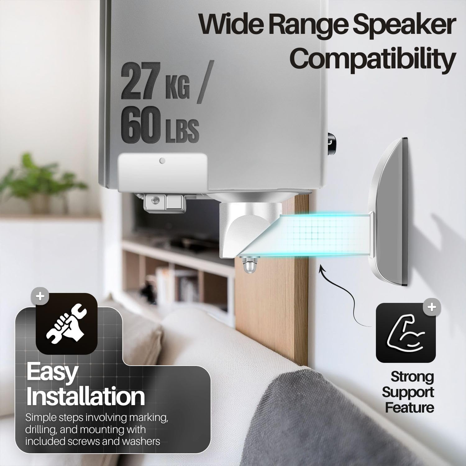 TNP Speaker Wall Mounts - Dual Side Clamping Bookshelf Mounting Bracket for Large Surround Sound Speaker with Adjustable Swivel & Tilt Angle for Home & Studio, up to 55 lbs, 2 Pack, White