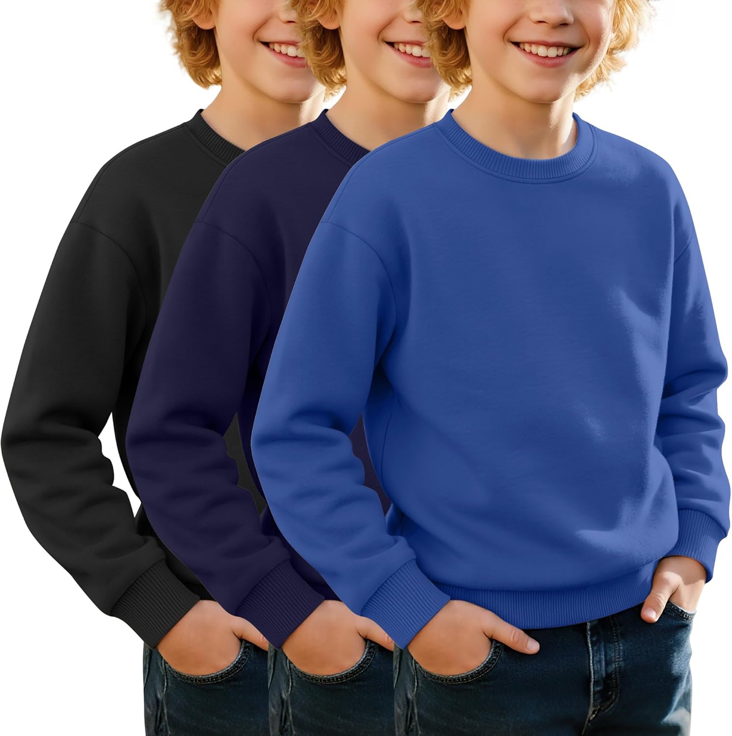 3 Pack Boys Crew Neck Sweatshirt Kids Lightweight Long Sleeve Relaxed Pullover Youth Basic Spring Sweatshirt