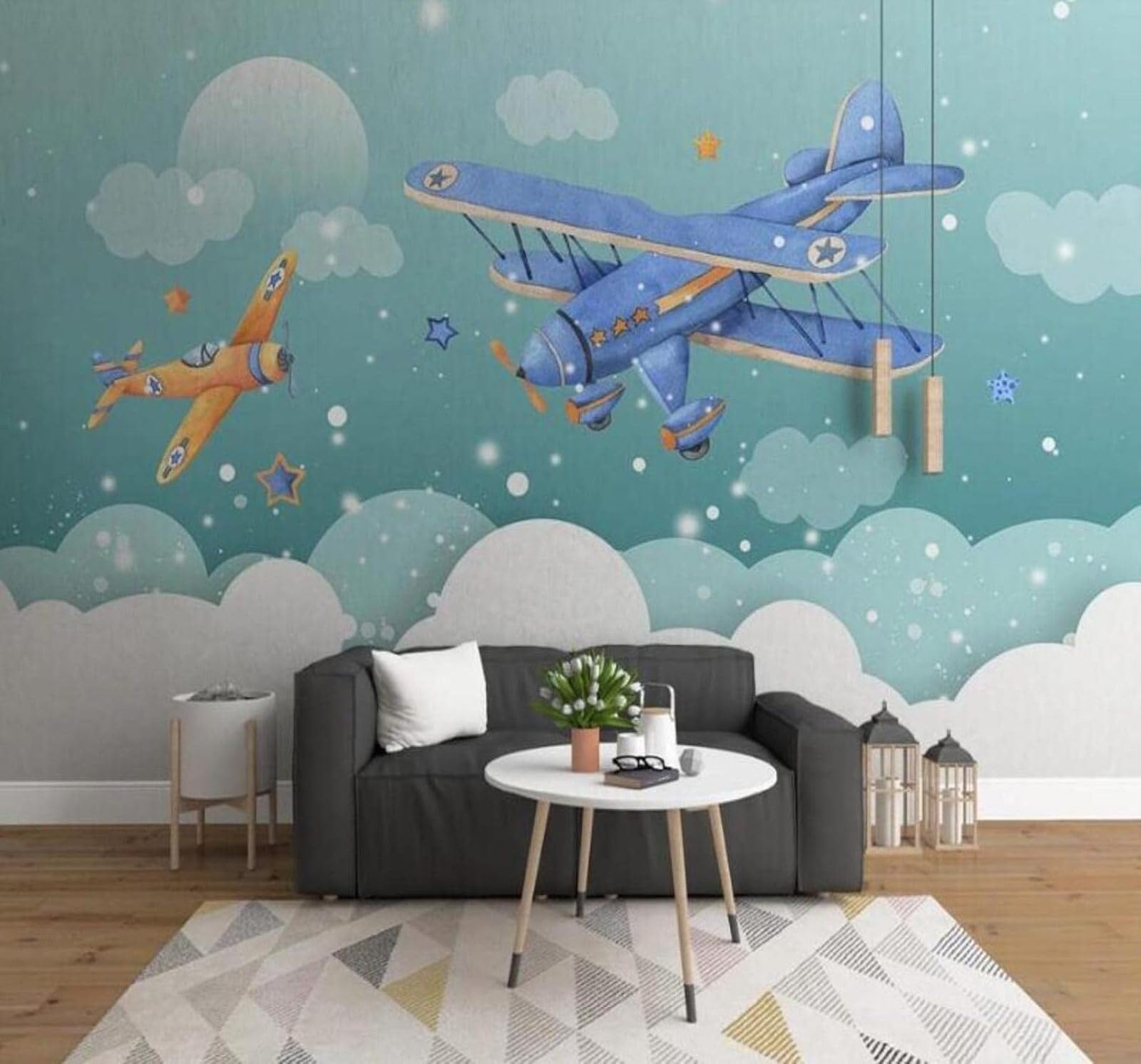 XLMING Hand Drawn Cartoon Blue Sky White Clouds Aeroplane 3D Wallpaper Luxury Home Dining Decor Paste Sofa Living Room The Wall for Bedroom Mural-400cm×280cm