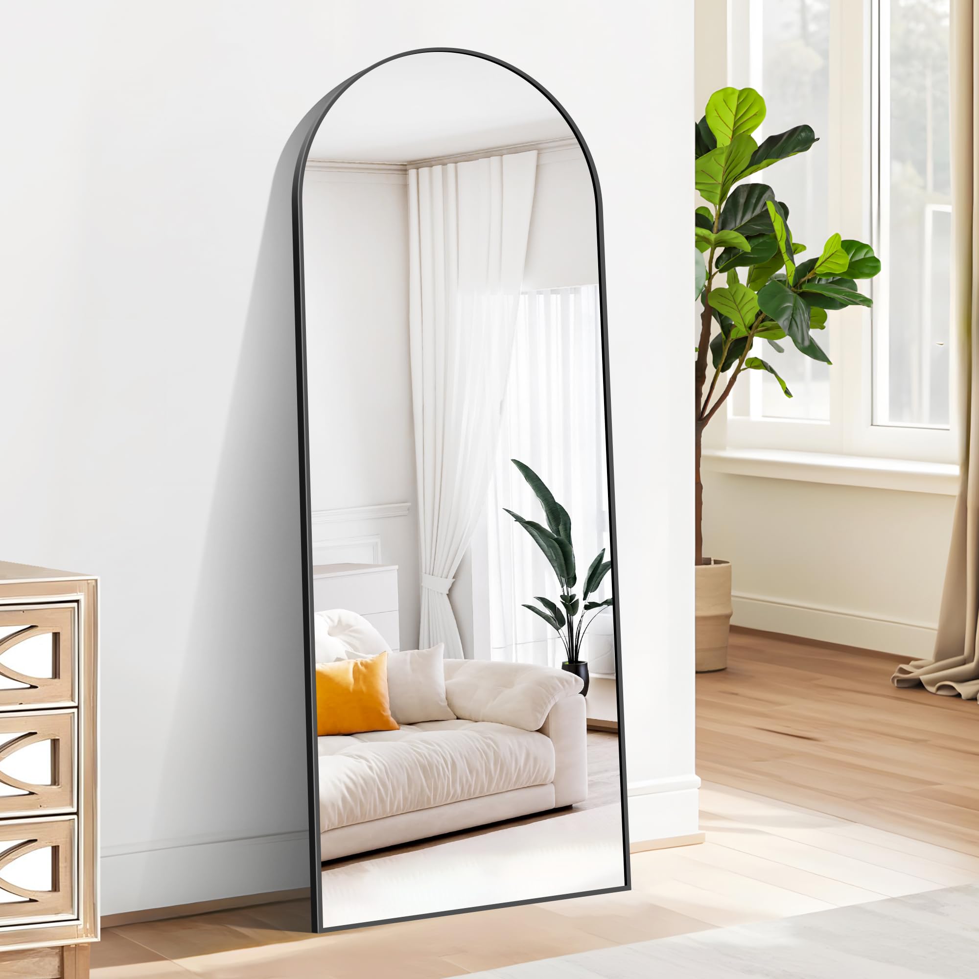 BONEWEI Specchio da Terra ad Arco, 165 x 60 cm Specchio da Parete Grande con Cornice in nero Alluminio, Specchio da Terra da Appoggiare o Appendere per Soggiorno, Camera da Letto, Ingresso