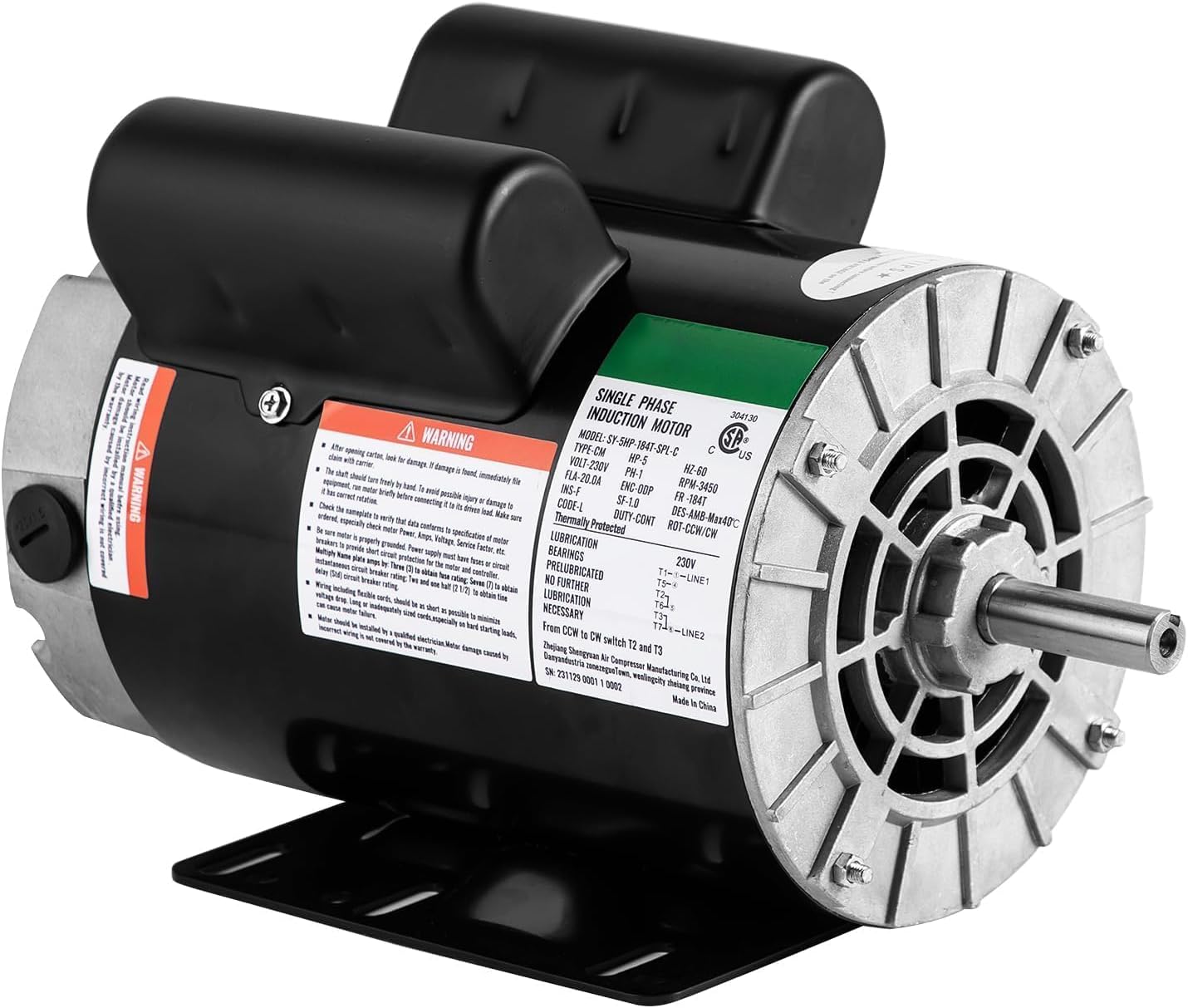 EscoSunshine SPL 5HP Air Compressor Motor 184T Frame 3450RPM 230V Dual CW/CCW 7/8" Keyed Shaft Heavy Duty Replacement