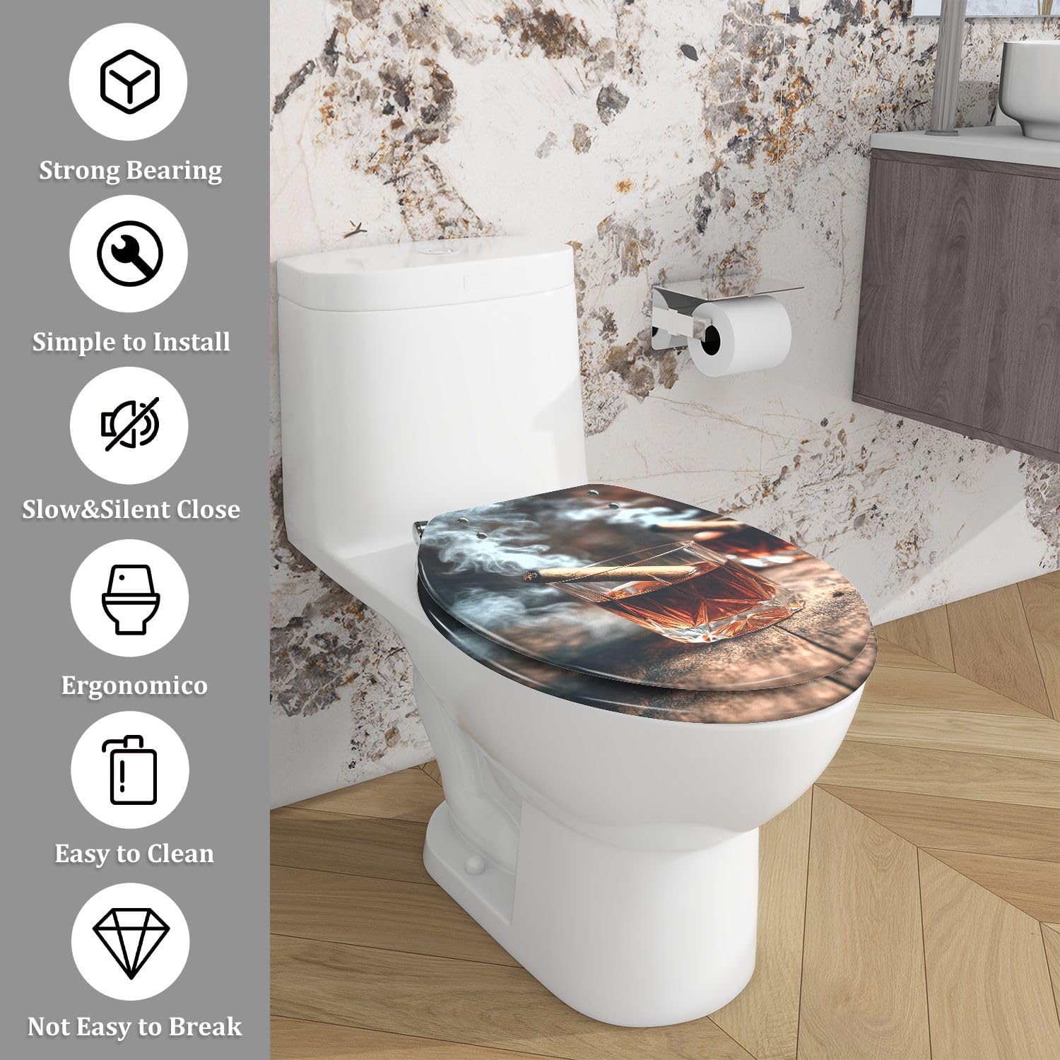 Asiento de inodoro alargado de resina y madera para baño