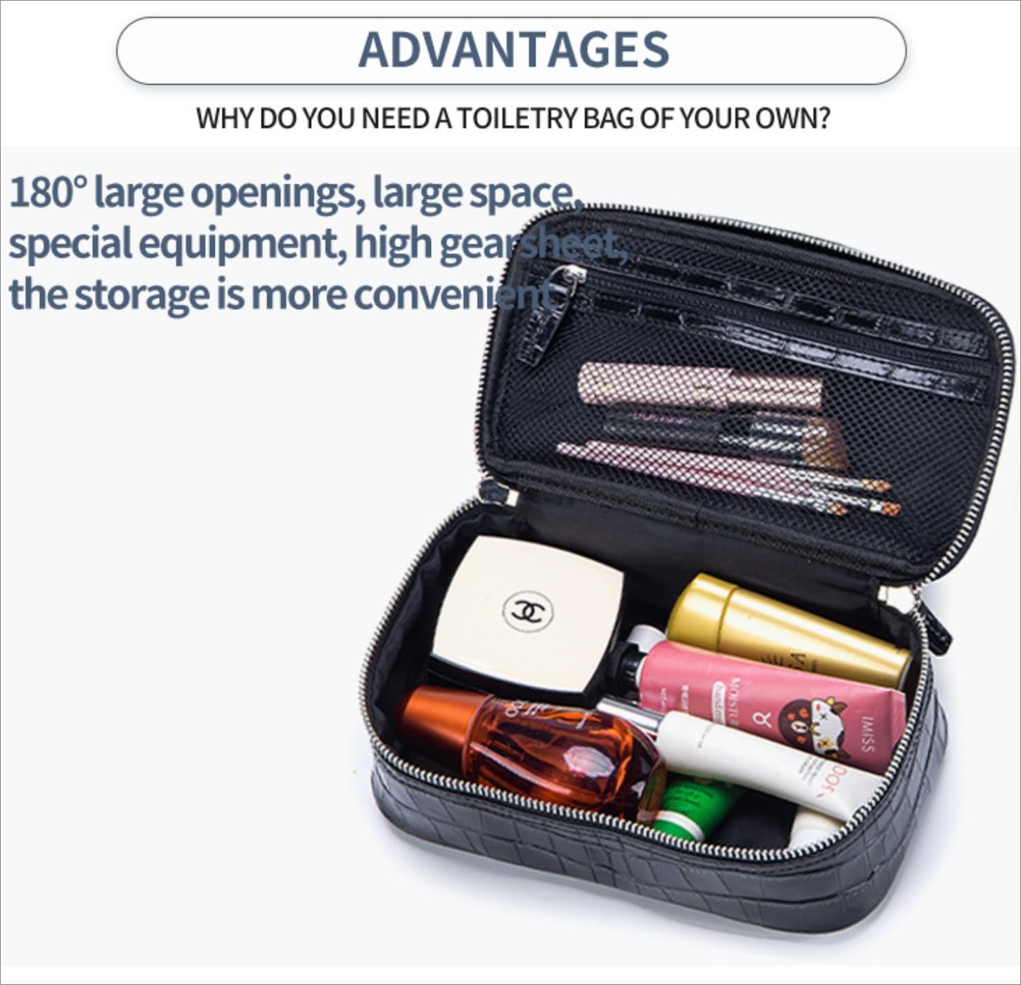 Beauty case da donna in vera pelle, con stampa a coccodrillo, grande capacità, portatile, con cerniera, impermeabile, per uso quotidiano e in viaggio, Nero , Custodia da viaggio per pennelli da trucco