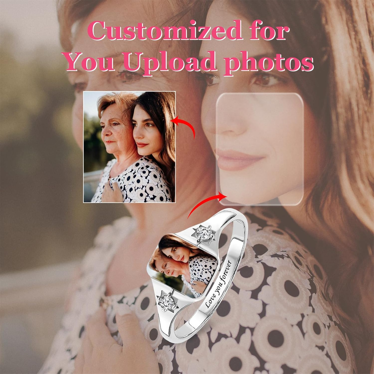 BABOOM Custom Photo Ring for Women Personalized Picture Rings Featuring Heart-shaped Promise Ring Perfect Graduation Gift for Best friend