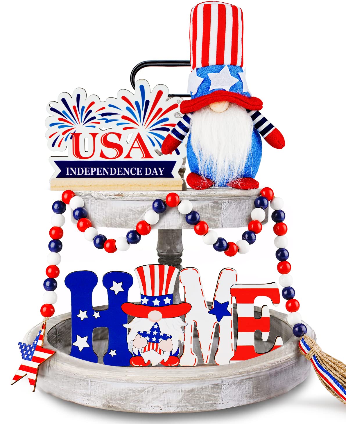 4th of July Decorations Tiered Tray Decor, with Patriot Gnomes Memorial Day Decorations Wooden Signs Red White And Blue Bead Garland, Farmhouse Tiered Tray Decorations (Tray Not Included)