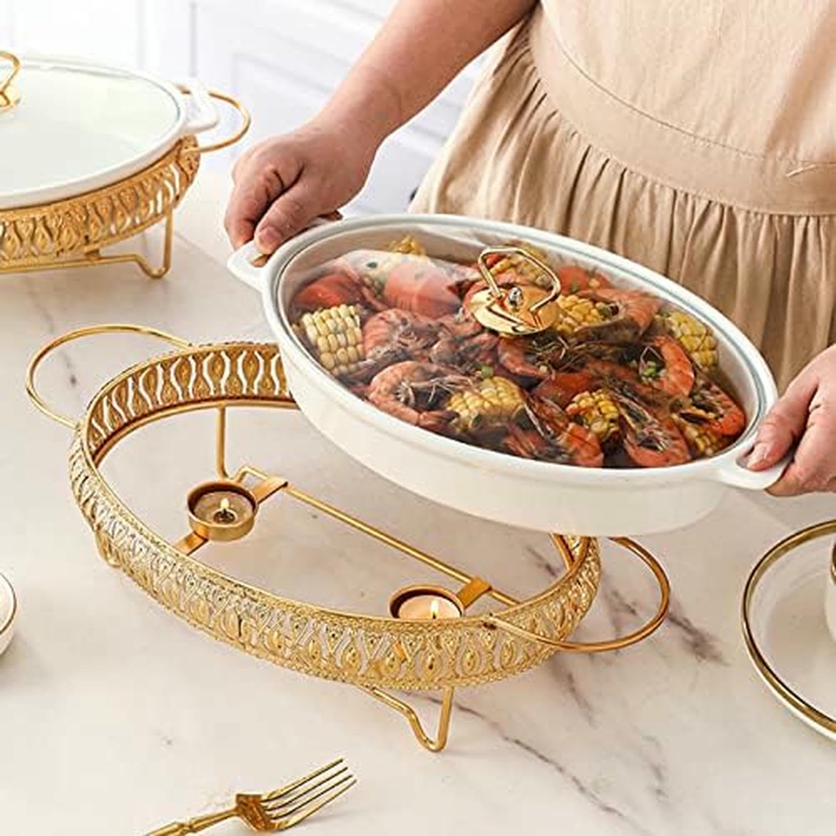Piatto di Ceramica A Buffet, Cappellini di Smalto Ovale E Caldo A Buffet con Coperchio in Vetro, Vassoio Riscaldante per Il Ristorante, A Casa, Inverno ~/