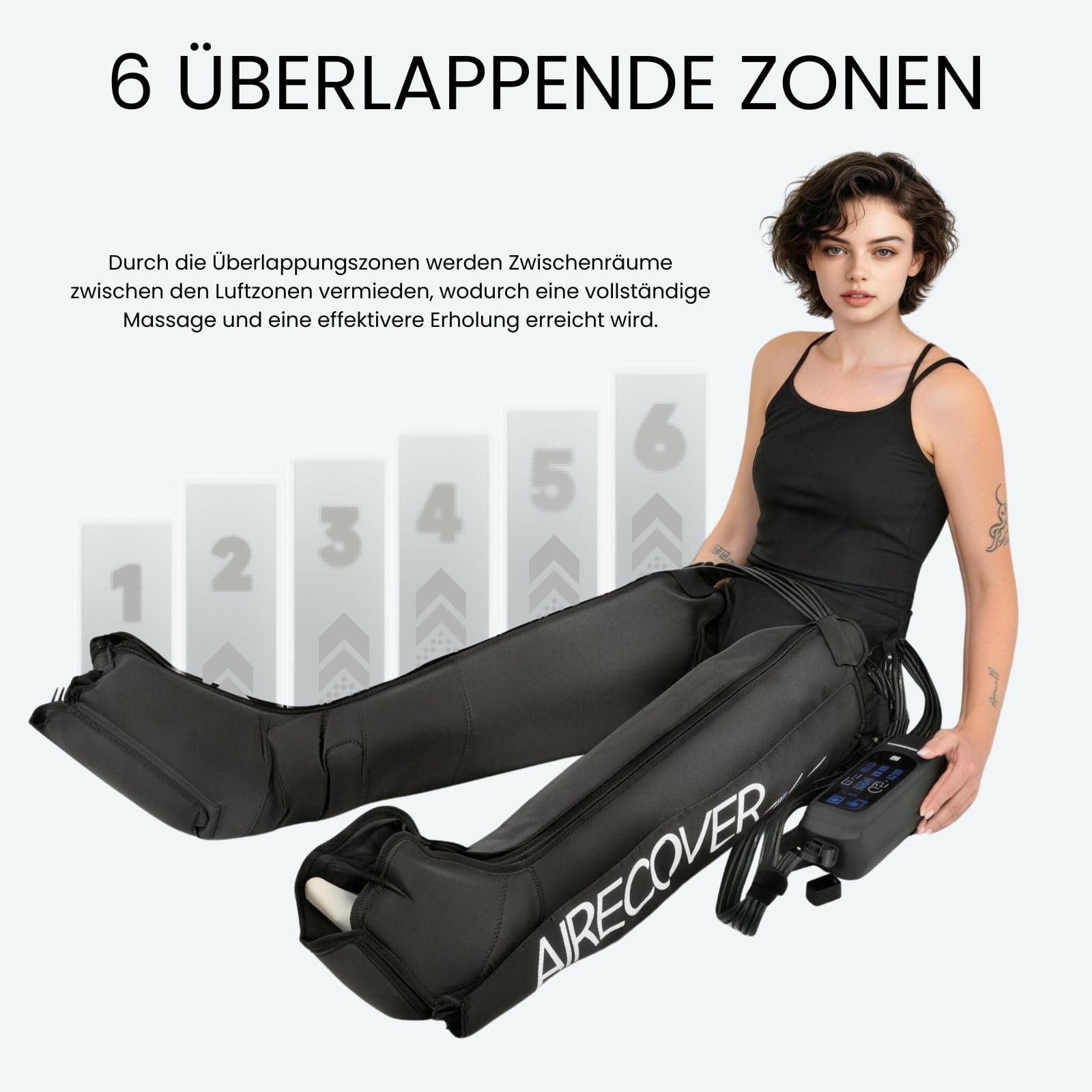 Pressotherapie für Zuhause, Beinmassagegerät mit 6 Kammern zur Verbesserung der Durchblutung und Lymphdrainage, Recovery Boots für Muskelentspannung und müde Beine, 6 Modi (L: 176-190 cm)