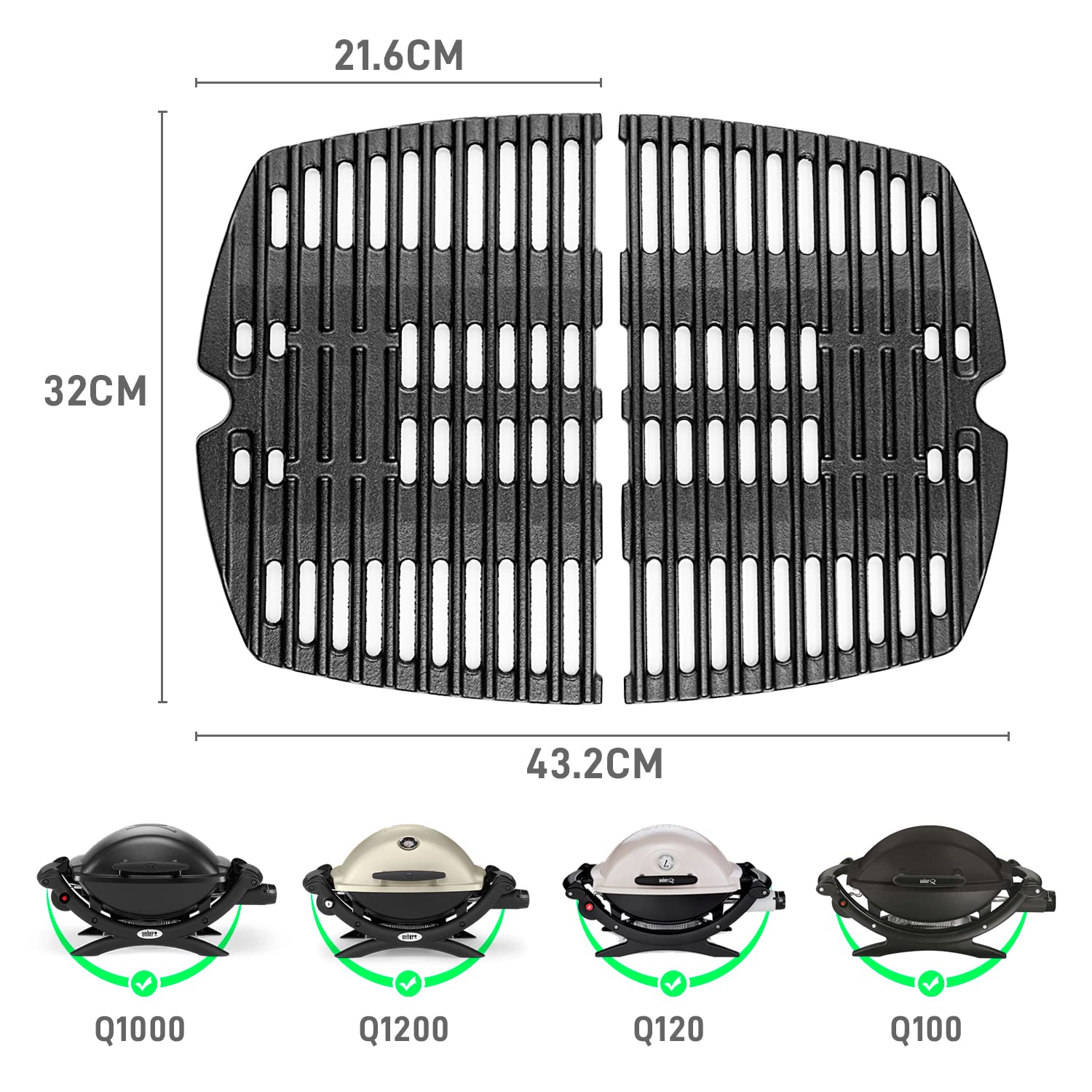 7644 Grillroste Gasgrills Ersatzteile für Weber Q100, Q1000, Q120, Q1200,Q140, Q1400 Series, 32 x 21.6CM Ersatzteile Zubehör Passen für Weber Baby Q Gusseisen Grillrost Grillplate,2er-Pack