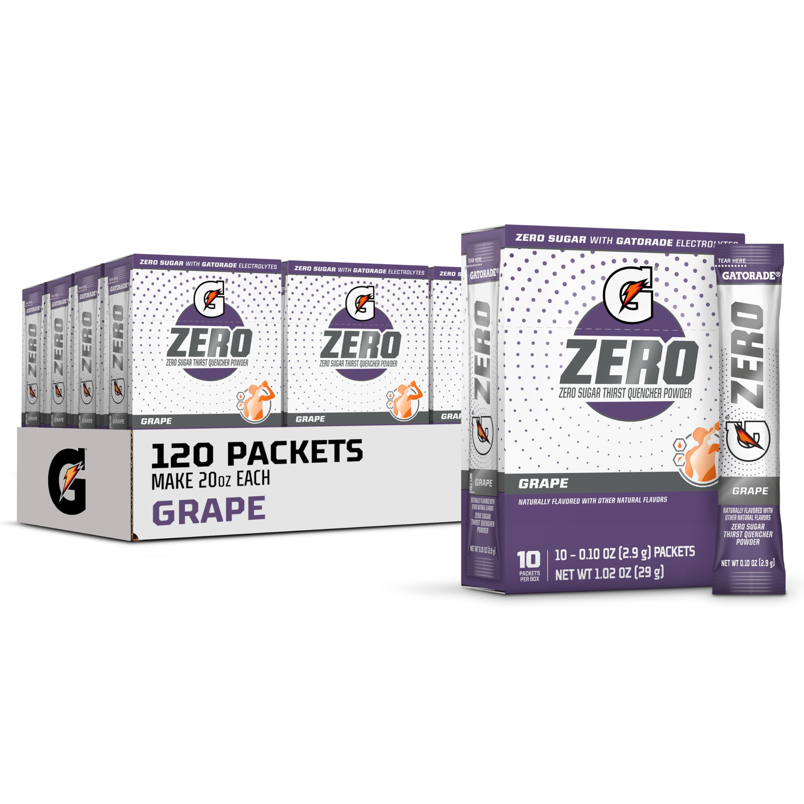 Gatorade G Zero Powder, Grape, 0.10oz Packets, Makes 20 ounces (120 Pack)