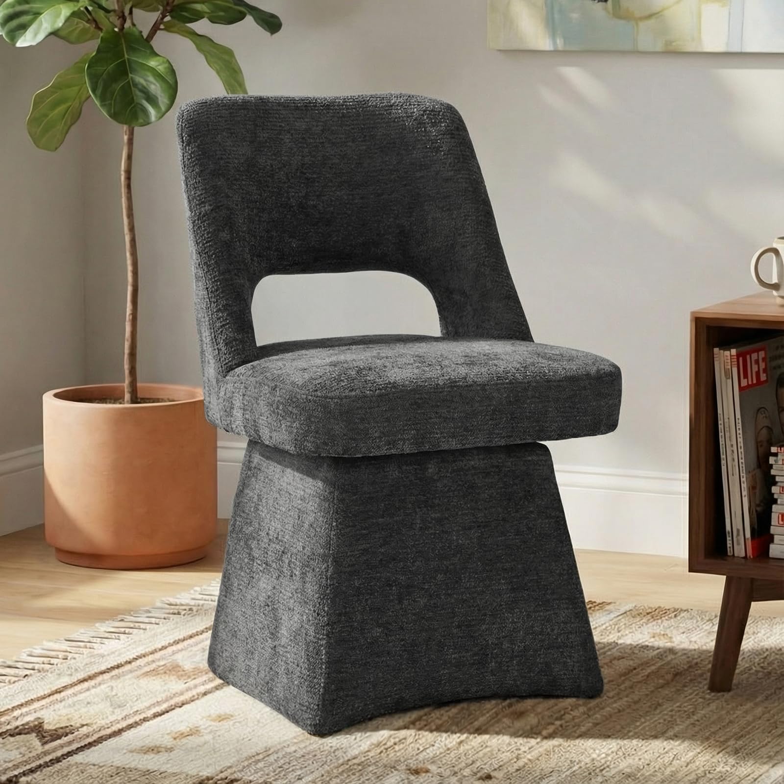 VKNOW Upholstered Swivel Dining Chair with Curved Open Back