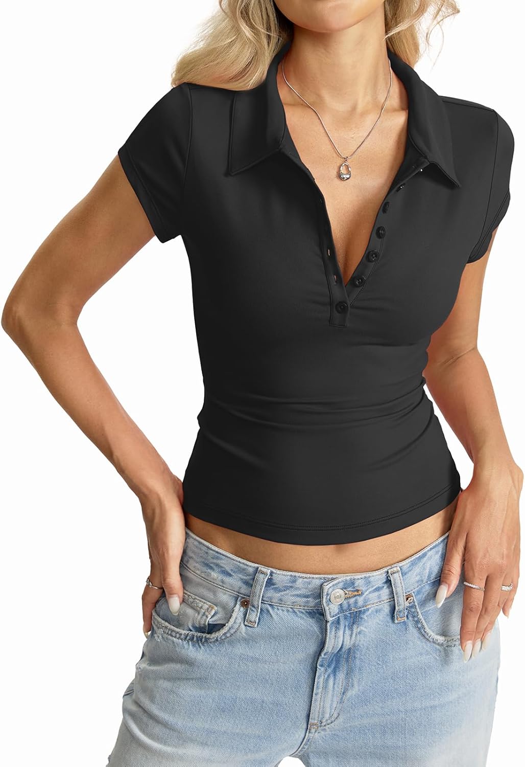 Womens Polo Shirts Deep V Neck Cap Sleeve Tops Collared Sexy Summer Tee Button Down Business Casual Clothes 2026 - Image 4