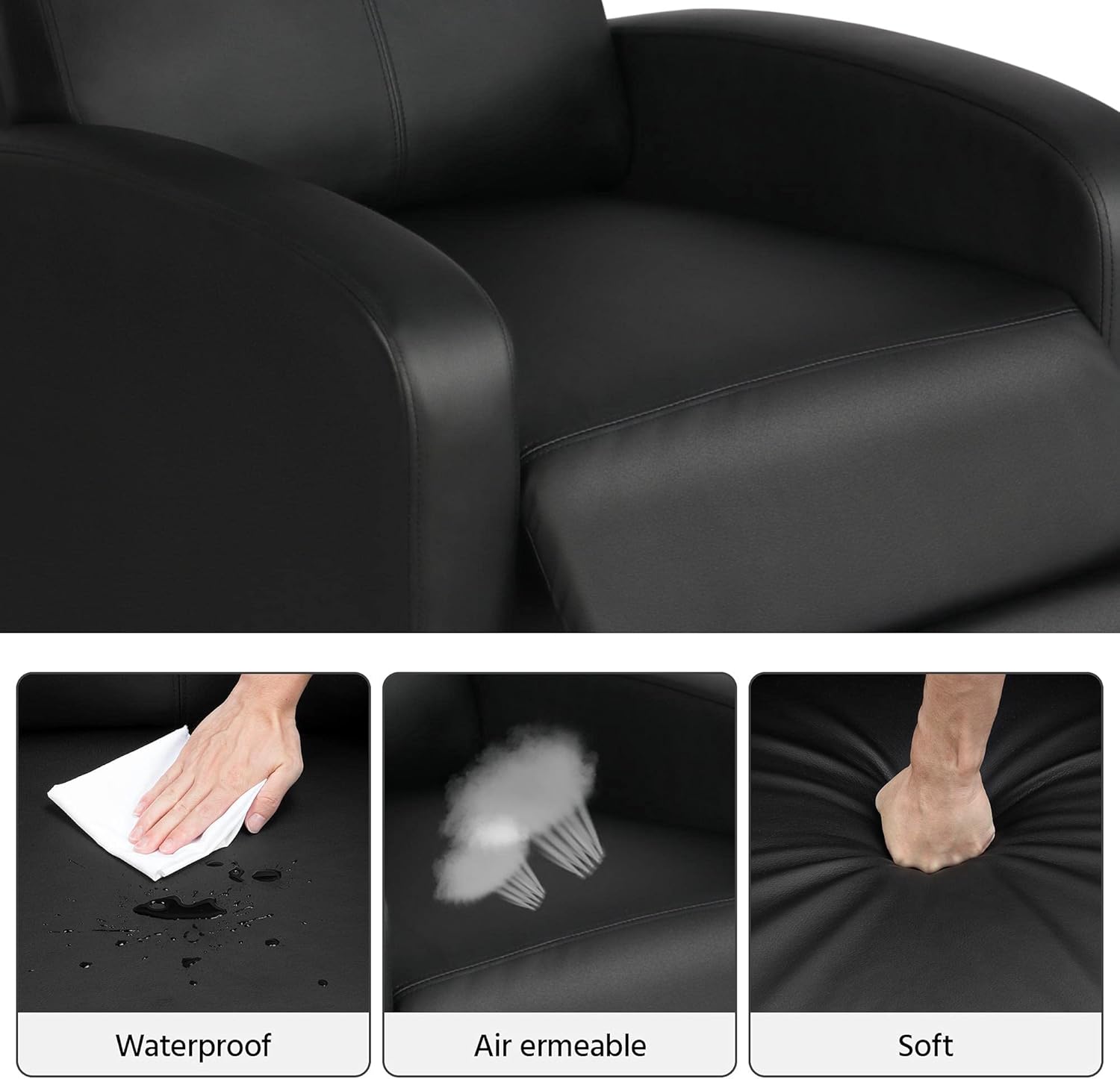 Images showing waterproof, air permeable, and soft qualities of the chair material