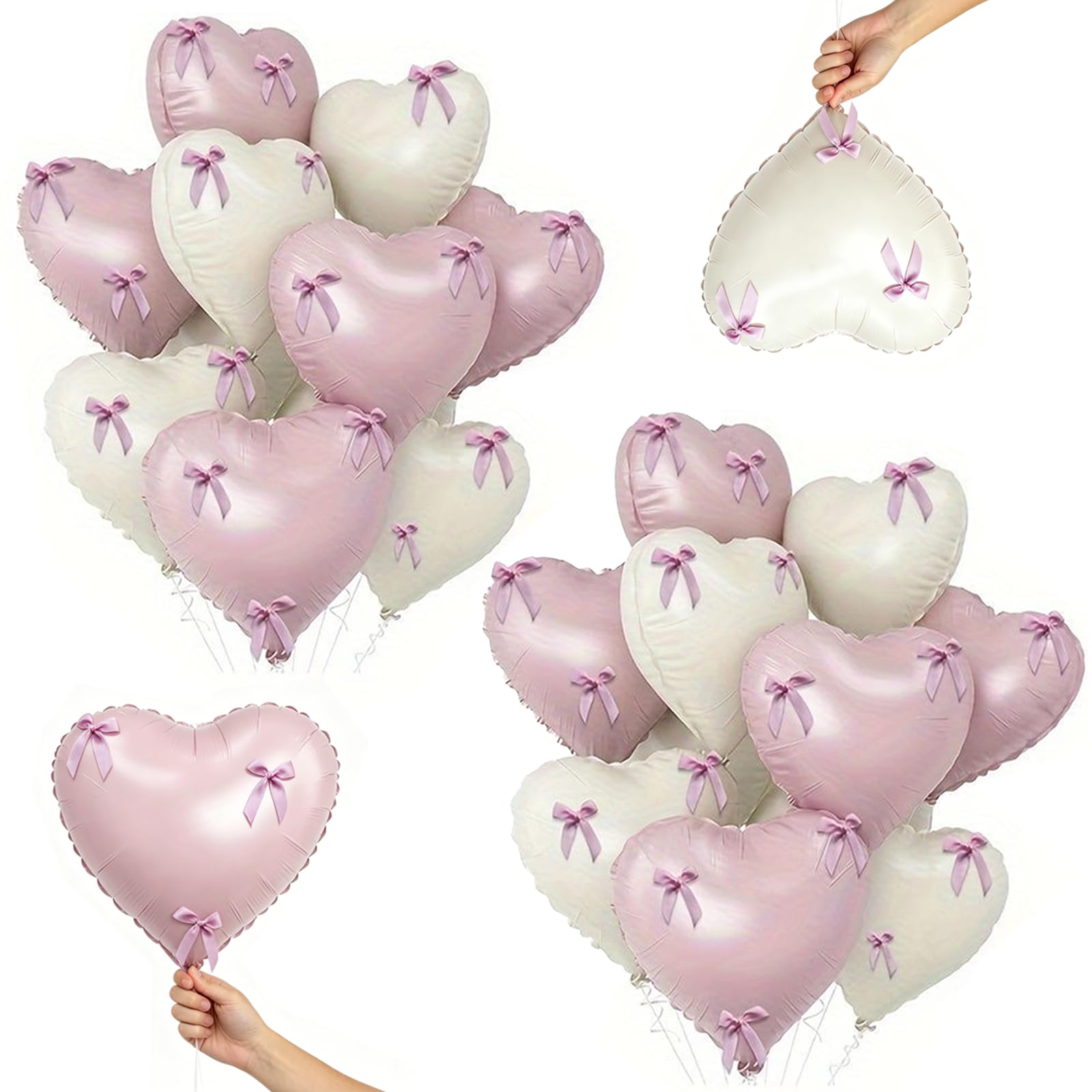 20Pcs Heart-Shaped Pink and White Balloons White Pink Bow Balloons