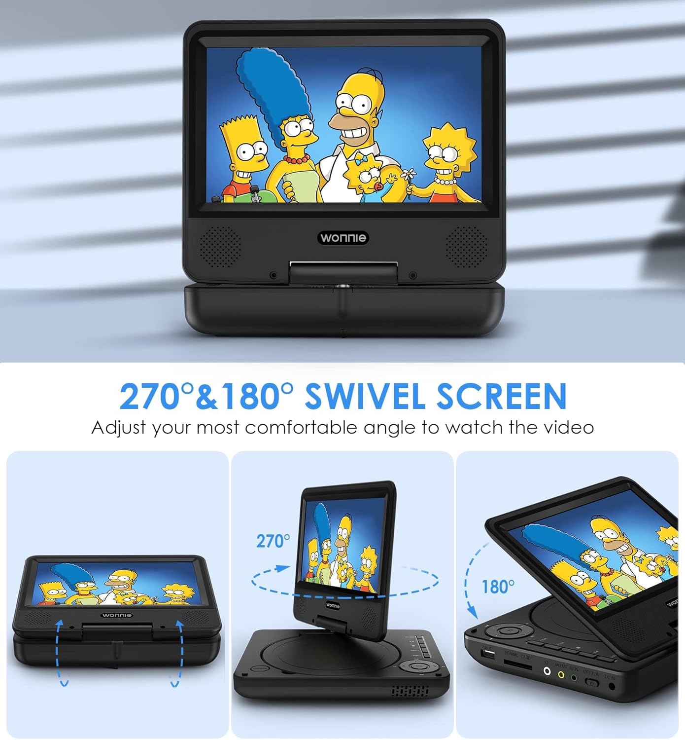 WONNIE 9.5" Portable DVD Player for Kids with 7.5" Swivel Screen, 6 Hours Rechargeable Battery, Car DVD Player with AV in/Out, Dual Speakers, Remote Control, Support USB/SD Card/Sync TV, All Regions - Image 4