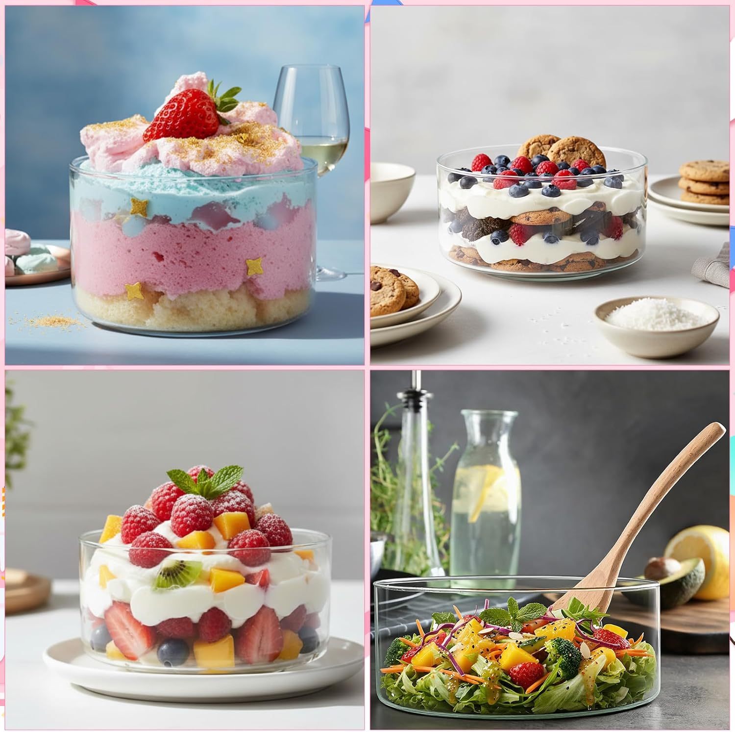 Qinyoung 2 Pack Large Trifle Bowls with Lids 9 Inch and 6.9 Inch Clear Glass Large Salad Bowl for Cake, Baking, Dessert, Fruit and Party DIY with 5 Pcs Wood Serving Utensils, Microwave Dishwasher Safe