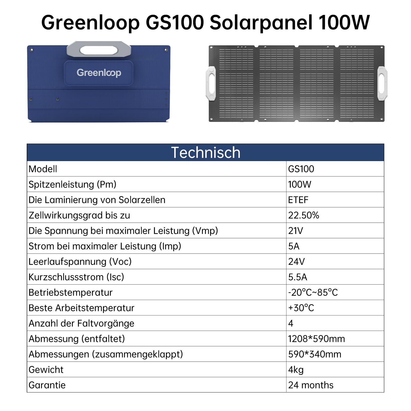 Greenloop Solarpanel 100W Faltbar Tragbares IP65 Wasserdicht ETEF Solarzellen 22,5% Wirkungsgrad 4kg Leicht inkl. Tragetasche