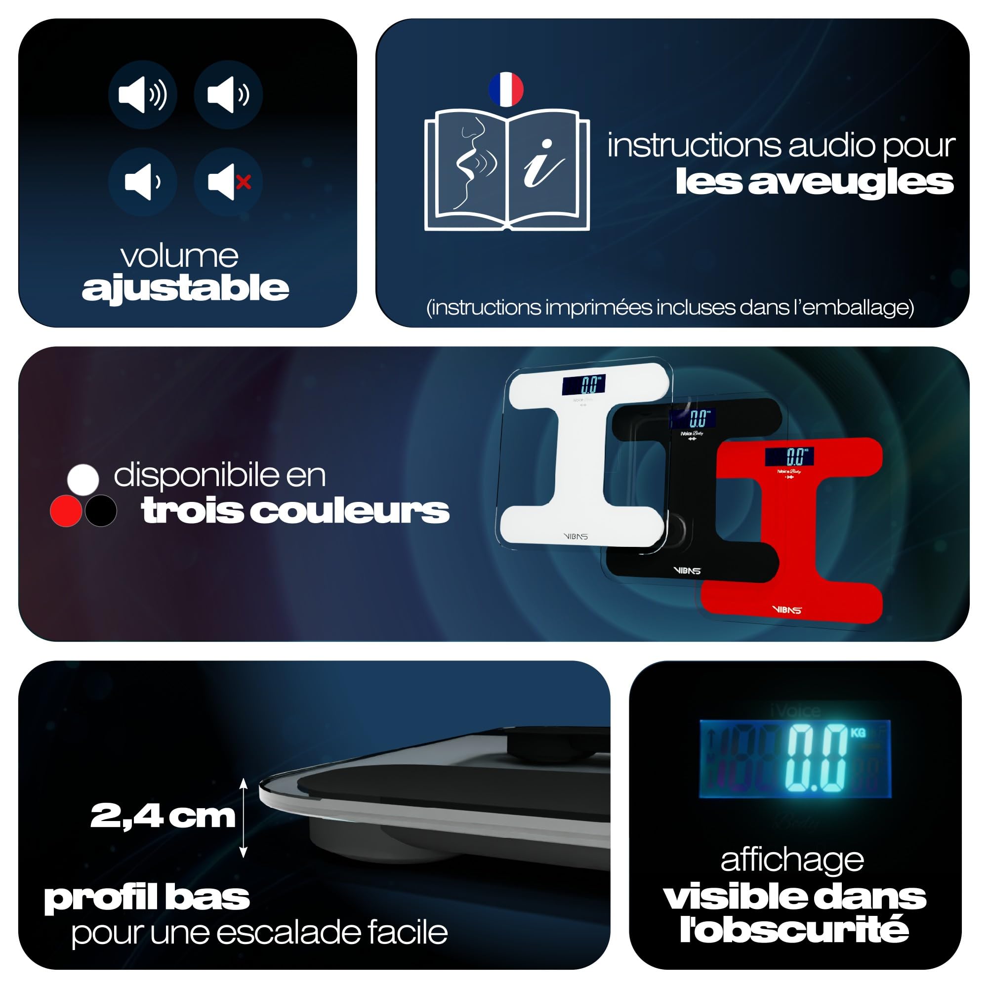 iVoice Balance de Salle de Bain Vocale, pour les Aveugles et les Personnes Agées, Voix Claire, avec Aides Sonores pour l'Orientation, Répétition du Poids, Volume Réglable, Piles Incluses