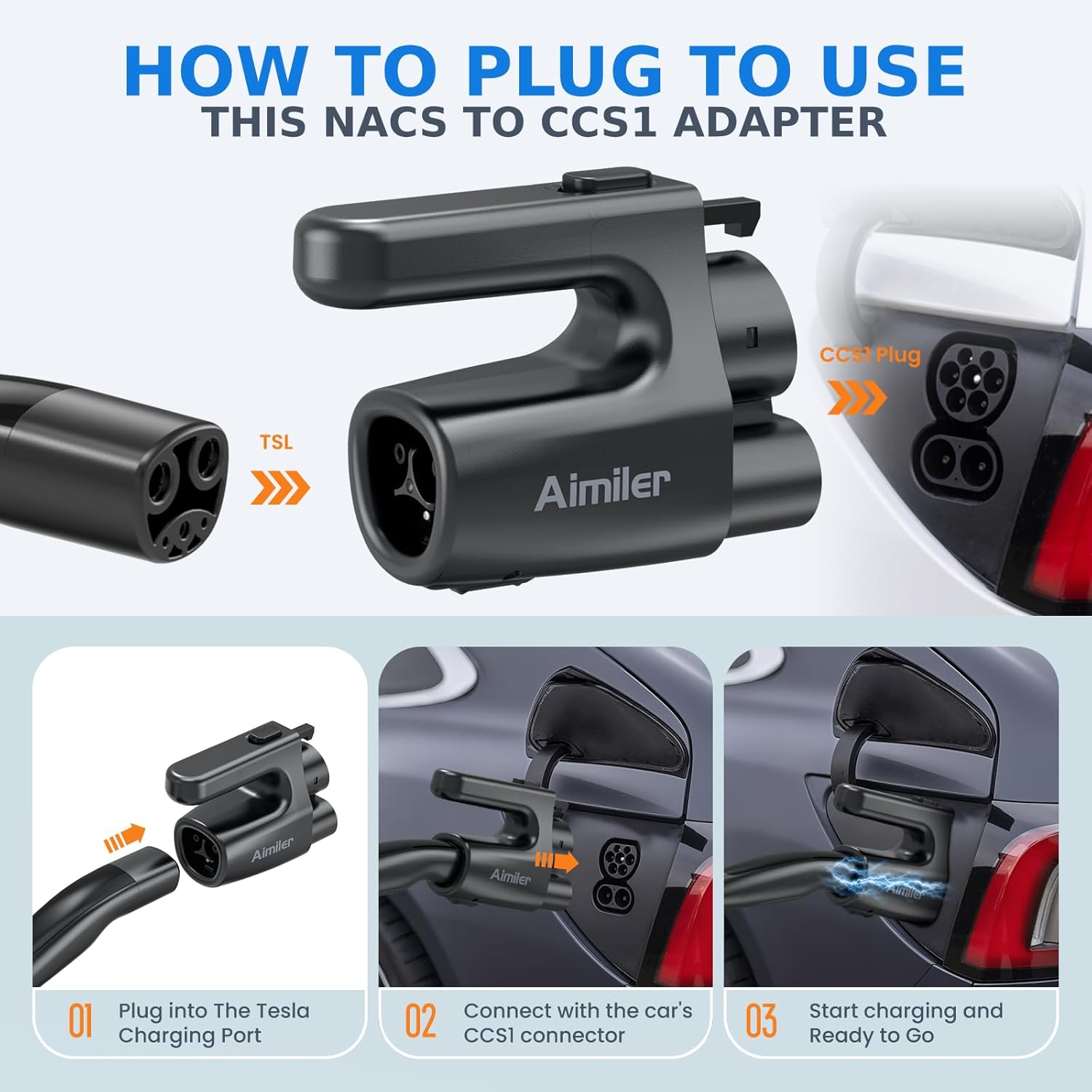 AIMILER NACS to CCS Electric Vehicle Adapter, 500 Amps / 1,000V Nacs to DC Adapter Compatible with Tesla V3/V4 Superchargers - Fast Charge CCS1 EVs [Check with Your Automaker for Compatibility], Black