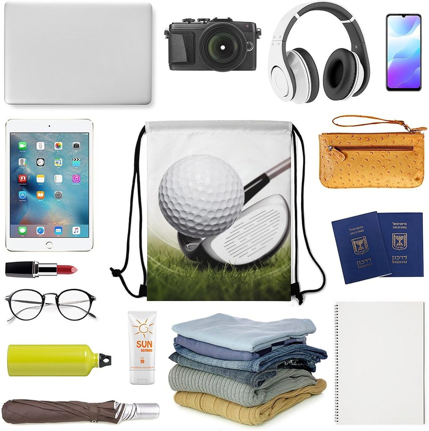 Adjustable Drawstring Backpack，Golf Club Printed Portable Drawstring Bag Large Capacity Foldable Drawstring Bag for Shopping Sport Yoga Travel, Swimming, Gym, Beach