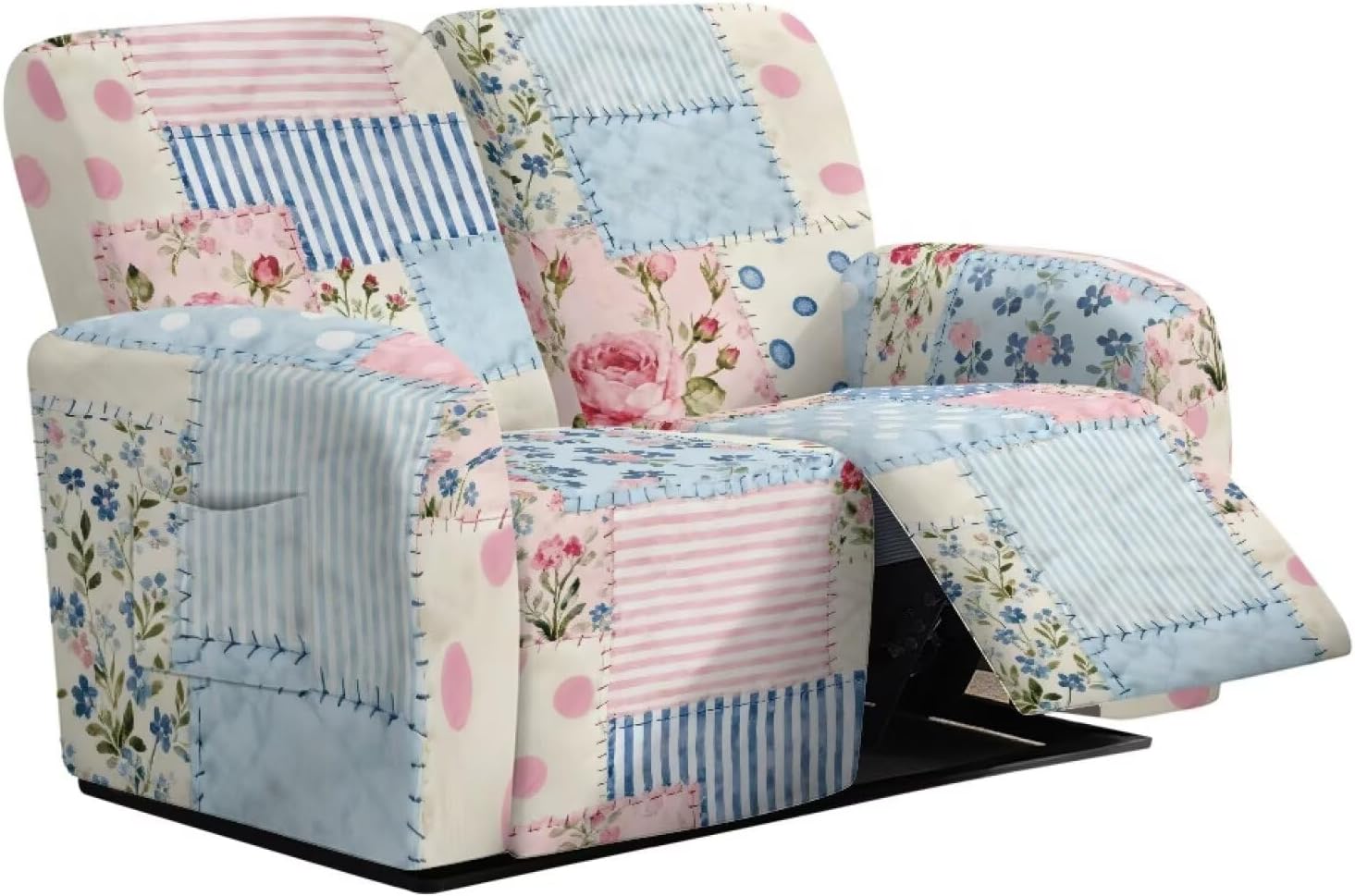 Recliner Loveseat Slipcover, Vintage Patchwork Floral 6 Pieces Dual Recliner Sofa Covers for 2 Seat Dual Reclining Loveseat Couch, Stretch Soft Furniture Protector with Elasticity