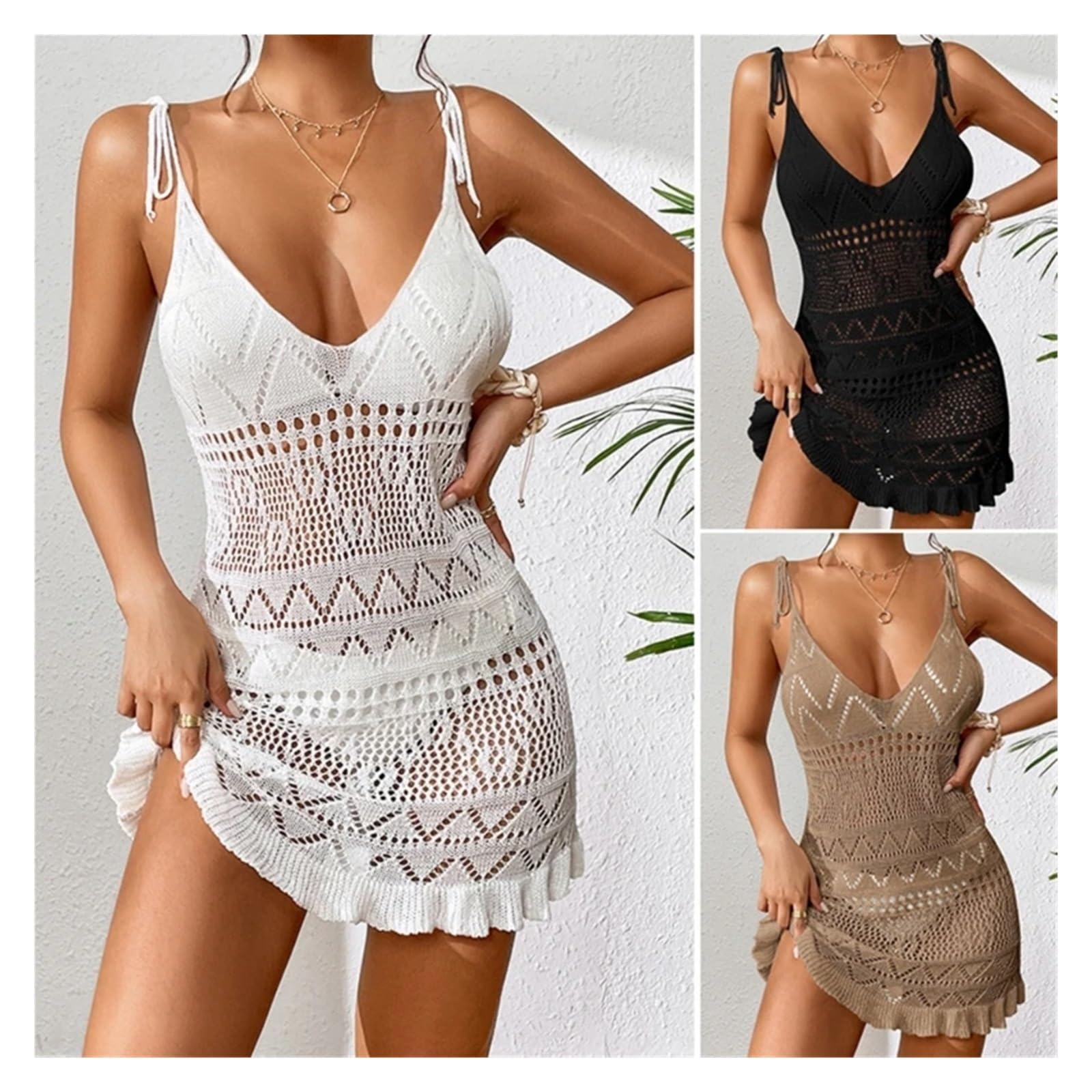 Bikini Cover Up Vestido de Playa con Escote en V Profundo for Mujer, Traje de baño Transparente de Ganchillo, Cubre Traje de baño Calado, Ropa de Playa(Khaki)