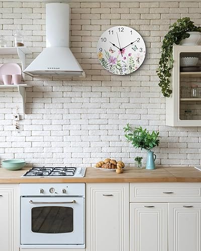 Miniatura 5 de Wildflower - Reloj de pared de cloruro de polivinilo con diseño de mariposa, silencioso sin tictac, funciona con pilas, reloj redondo floral de