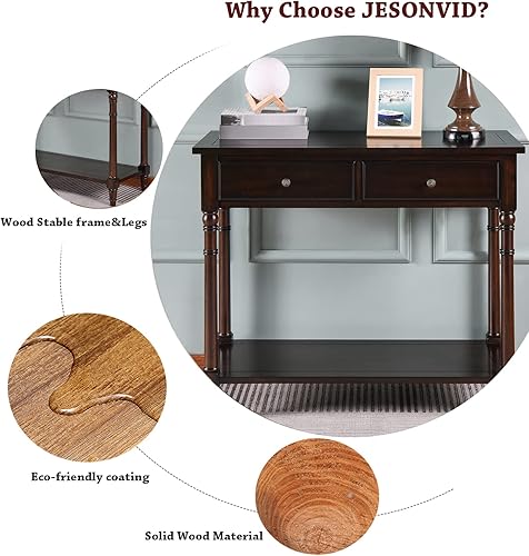 Miniatura 4 de Mesa consola de madera maciza con 2 cajones, mesa de sofá decorativa de 2 niveles de 35.4 x 30 pulgadas con estante de almacenamiento multicapa,