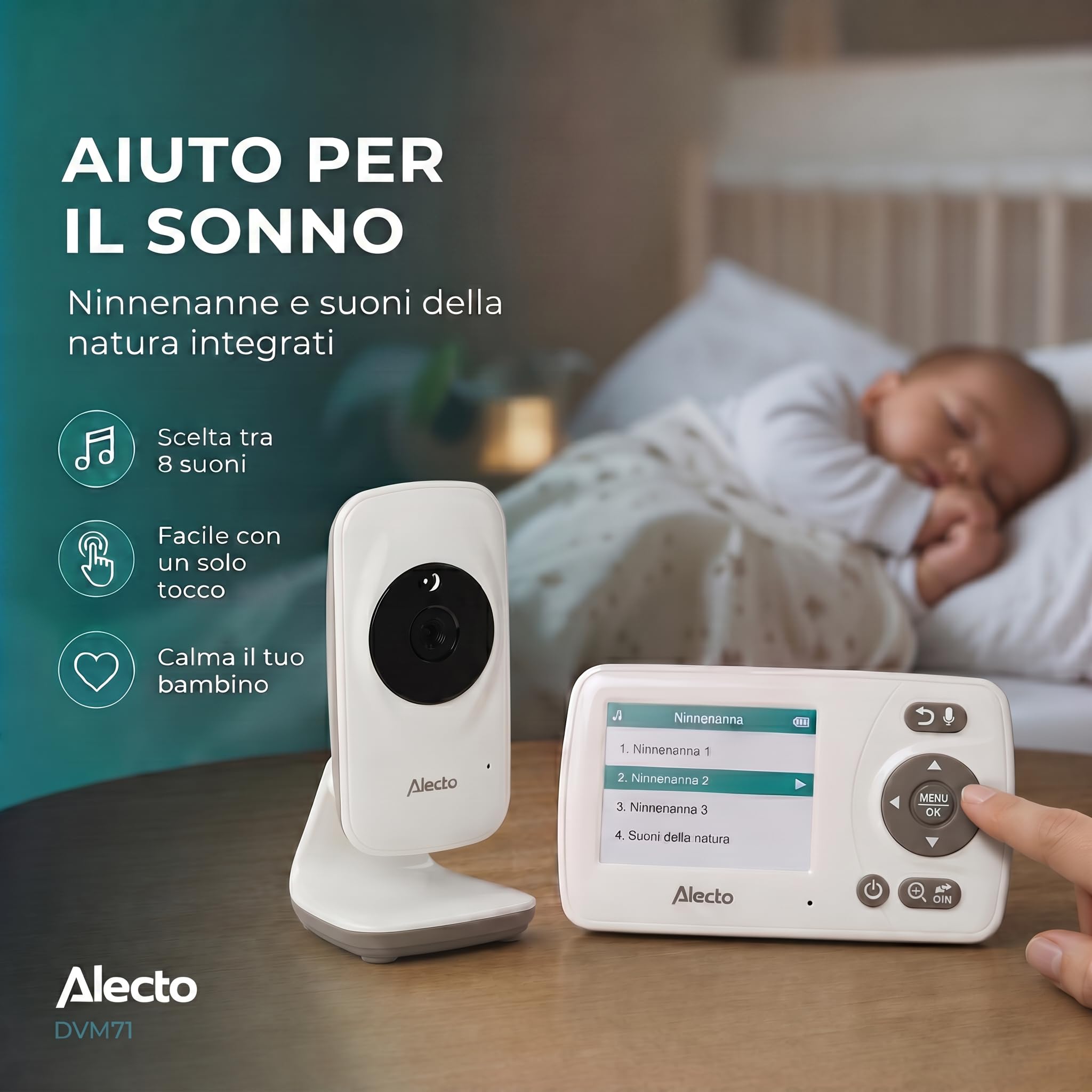 Alecto DVM71 Baby Monitor con Telecamera - Baby Monitor Display 2.4" - Fotocamera Baby - Portata 50m - Batteria 10h - Bianco/Tortora