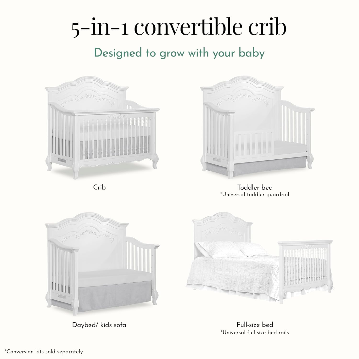 Diagram showing Evolur Aurora crib converting to toddler bed, daybed, and full-size bed.