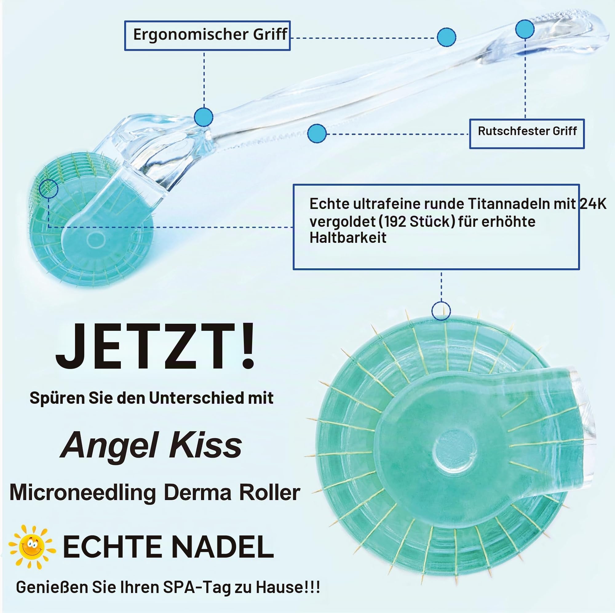 Angel Kiss Derma Roller 0,5 mm - Microneedling Roller mit ECHTEN 192 Titan-Nadeln - Professionelles Microneedling für die Anwendung zu Hause – Ideal zur Ergänzung Ihrer Hautpflegeroutine