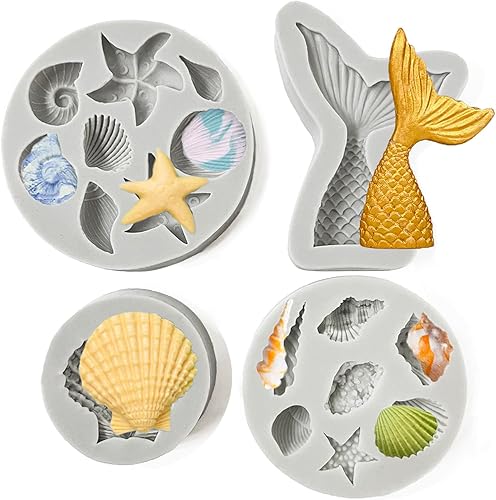 Molde de silicona de sirena, cola de sirena, concha, caracola, estrella de mar, molde de silicona para cupcakes, dulces, chocolate, fondant, arcilla
