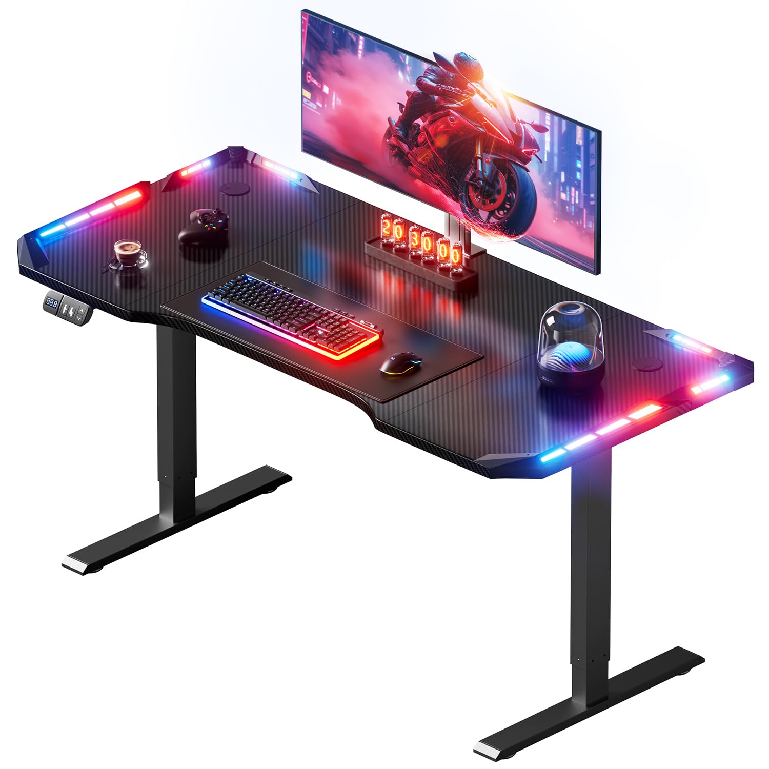 HLFURNIEU LED Bureau Assis Debout Electrique 160 x 60 cm, Bureau Gaming avec 2 Contrôle à Fonctions Mémoires, Table Reglable Hauteur avec Surface en Fibre de Carbone, Table Gaming Noir