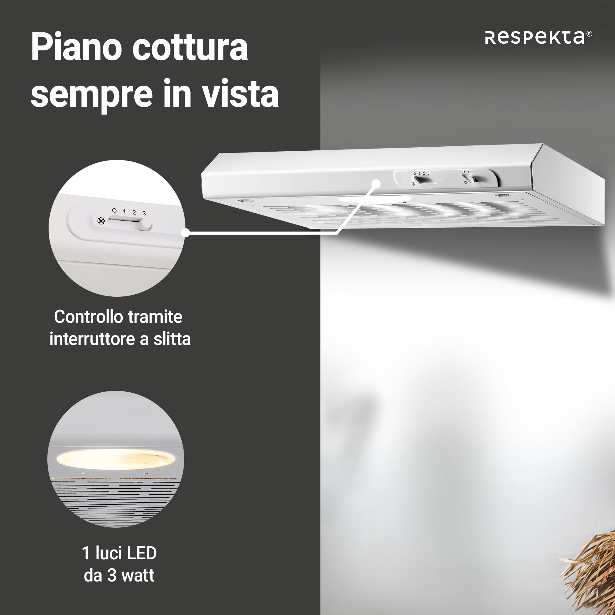 Respekta Cappa aspirante da incasso/cappa aspirante da incasso 50 cm/struttura in metallo/funzione di espulsione e ricircolo dell'aria / DH520WL / C / 52 – 68 dB