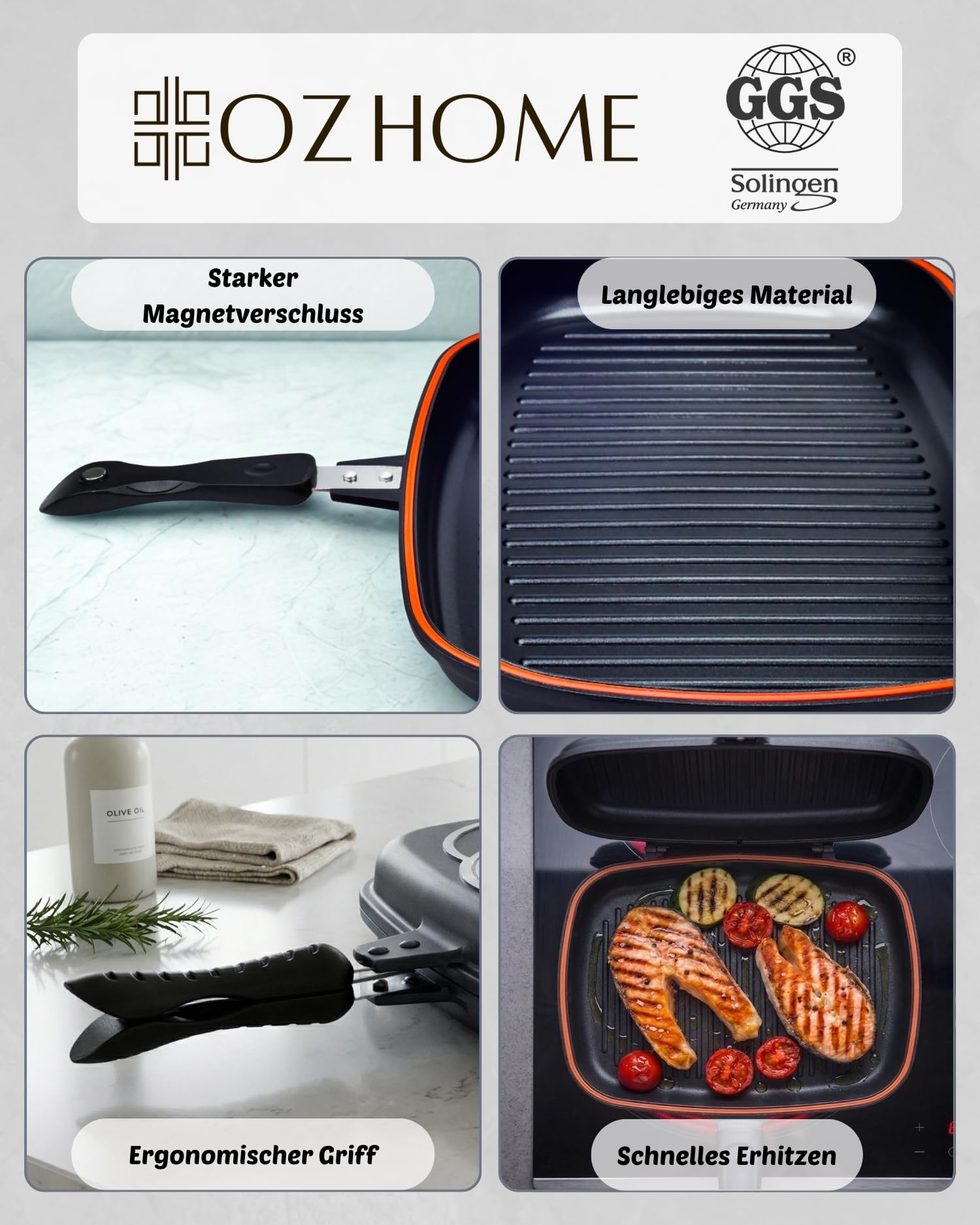 GGS Solingen Doppelseitige Grillpfanne 38 x 25,5 cm – Made in Germany | Wendepfanne Doppelpfanne aus Alu-Guss | Fischgrillpfanne für Induktion, Gas & Glaskeramik | PTFE-Antihaft | Magnetverschluss