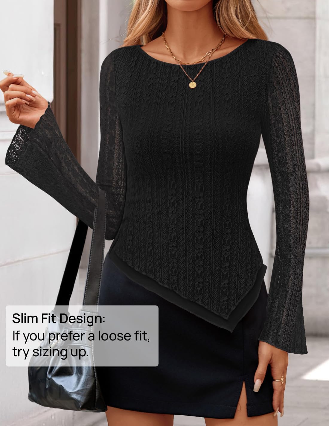 ZESICA Womens 2026 Spring Summer Lace Mesh Sleeve Tops Going Out Double Lined Slim Fit Asymmetrical Shirts Date Night Outfit - Image 4