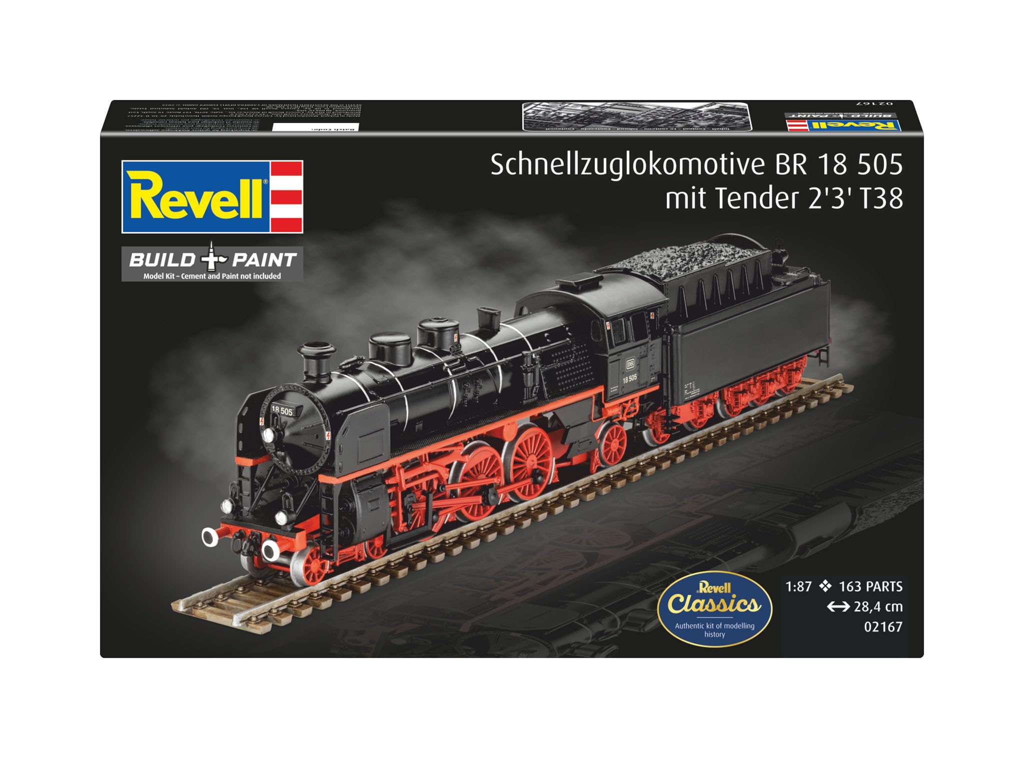 Revell Modellbausatz Schnellzuglokomotive BR 18 505 – Maßstab 1:87 – Historische Dampflok – Detailliertes Modell mit Tender – Präzises Fahrwerk & Schubgestänge – Perfekt für Modellbahn & Diorama