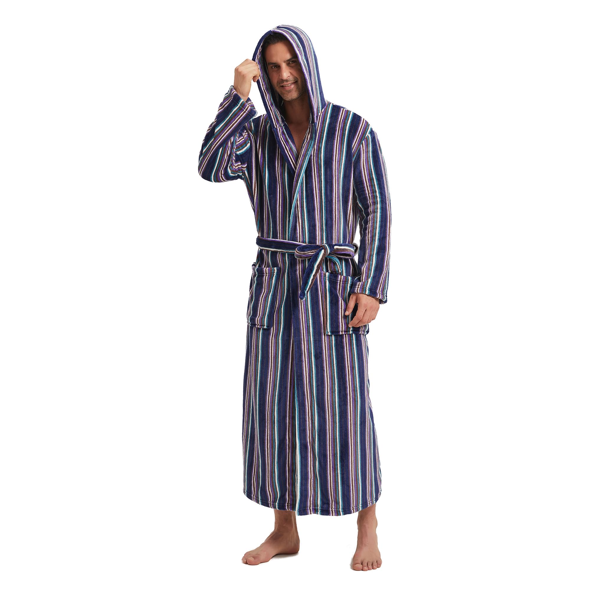 FashGudim Mens Robes Big and Tall with Hood Two-Tone Flannel Fleece Contrast Bathrobe Full Length Plush Long Robe House Coat