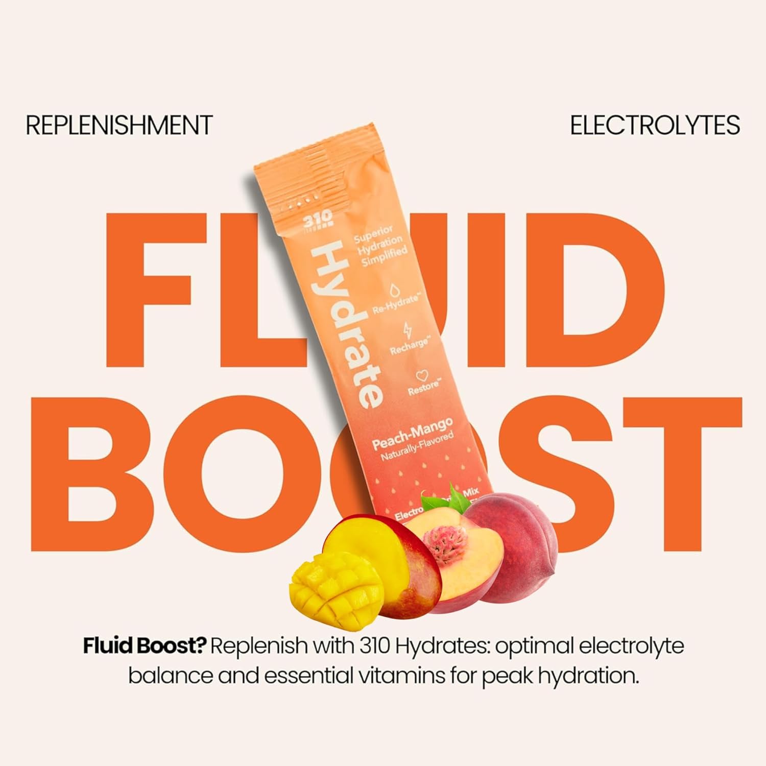 310 Nutrition Sugar Free Electrolytes Powder - Instant Hydration Packets for Daily Fluid Balance - Caffeine-Free Rehydration Drink Mix w/ Vitamins, Low Calorie & Keto Friendly - Peach Mango 30 Singles