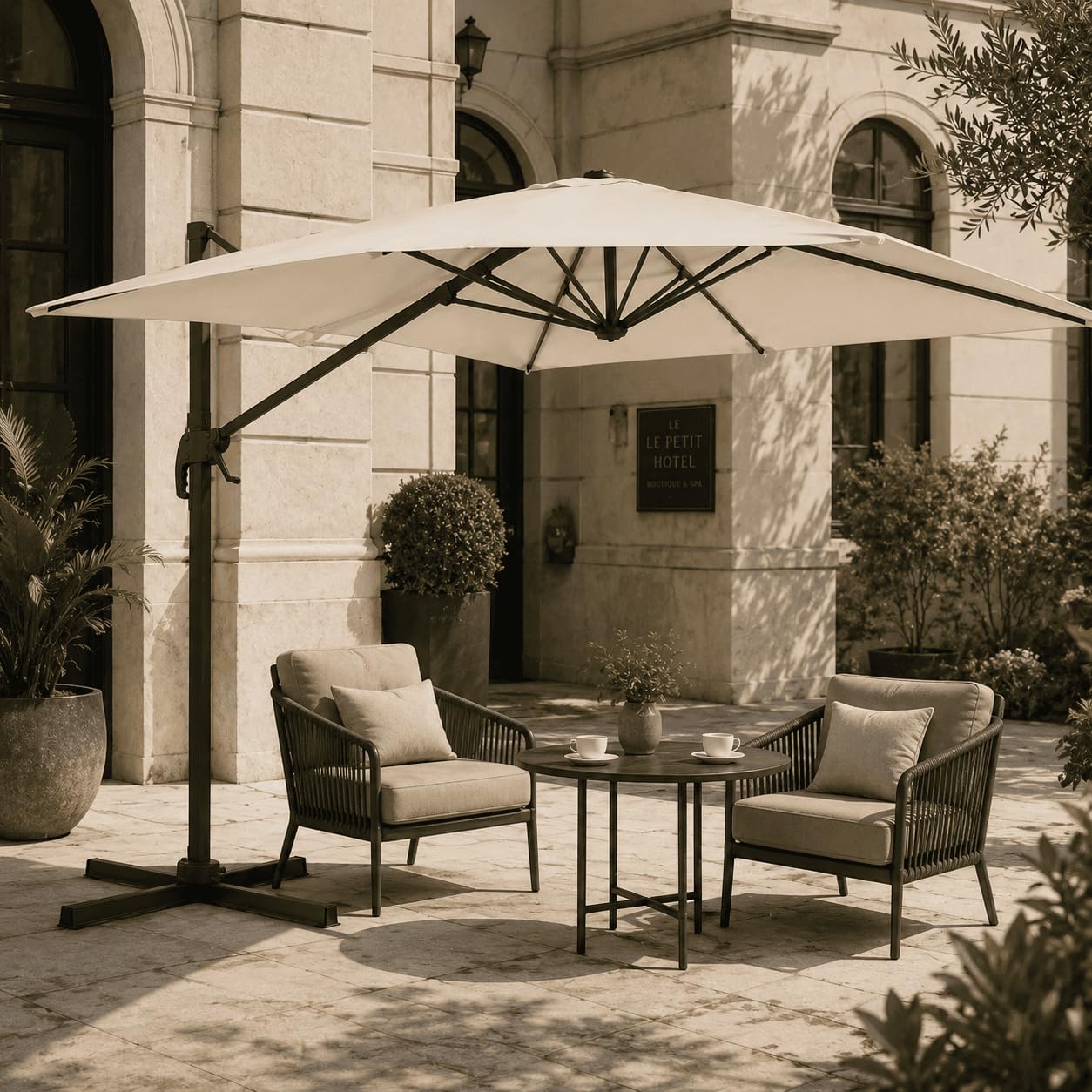 Ombrellone Girevole 360° 4X3 M Decentrato Rettangolare Rotante Con Struttura In Alluminio E Braccio In Acciaio Base a Croce E Custodia Inclusa Per Giardino Terrazza Patio E Piscina Ecrù