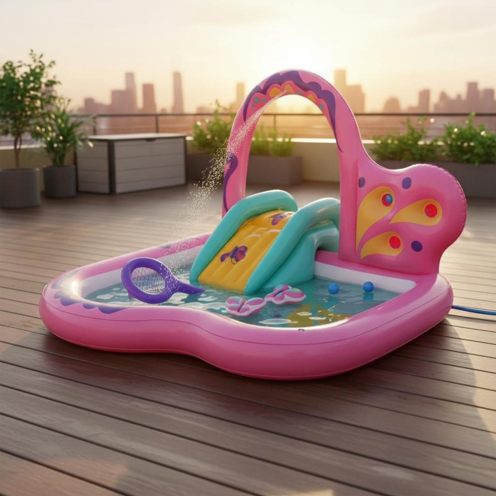 Piscine Gonflable Papillon Gonflage Rapide Bassin de Jeu avec Toboggan Structure Sécurisée Parc Aquatique pour Enfants