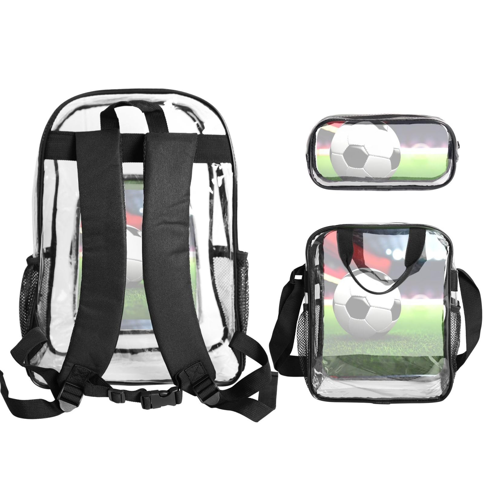 Juego de bolsas transparentes de 3 piezas con estampado de balón deportivo de fútbol para niños, bolsa transparente con bolsa de almuerzo aislada incluida