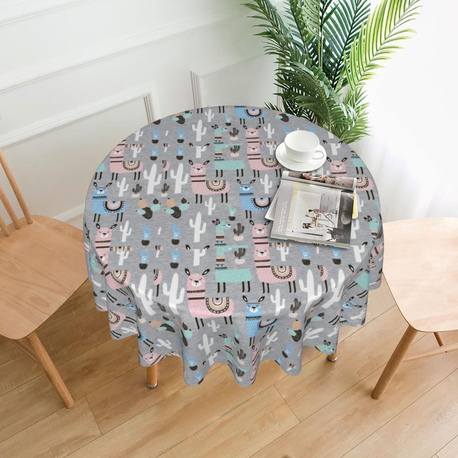 Nbtghga Llama Cactus Print Tablecloth Round Border Table Cloth Cover Decorative For Party Holiday Dinning Tabletop Home