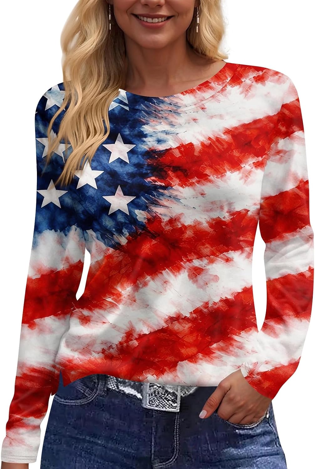 Women's 4Th of July T Shirt, 250 Years Anniversary USA Shirts, Long Sleeve Crewneck American Flag Tops, S-3XL